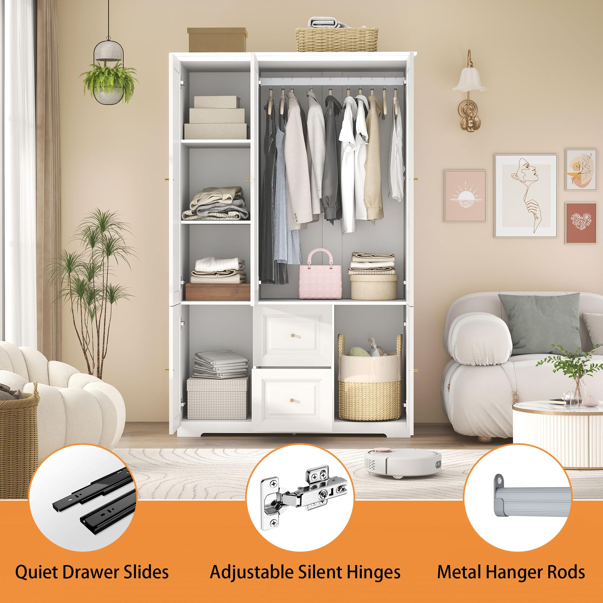 Wardrobe Armoire with Drawers, Hanging Rod & Shelves