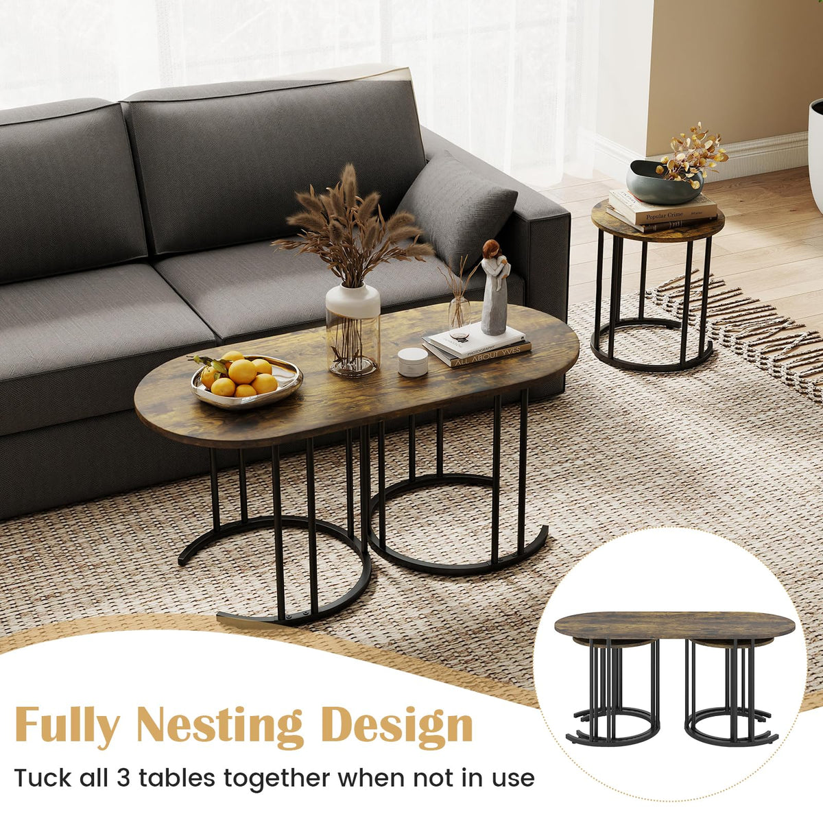 GIANTEX Nesting Coffee Table Set of 3, Living Room Table Set, Brown