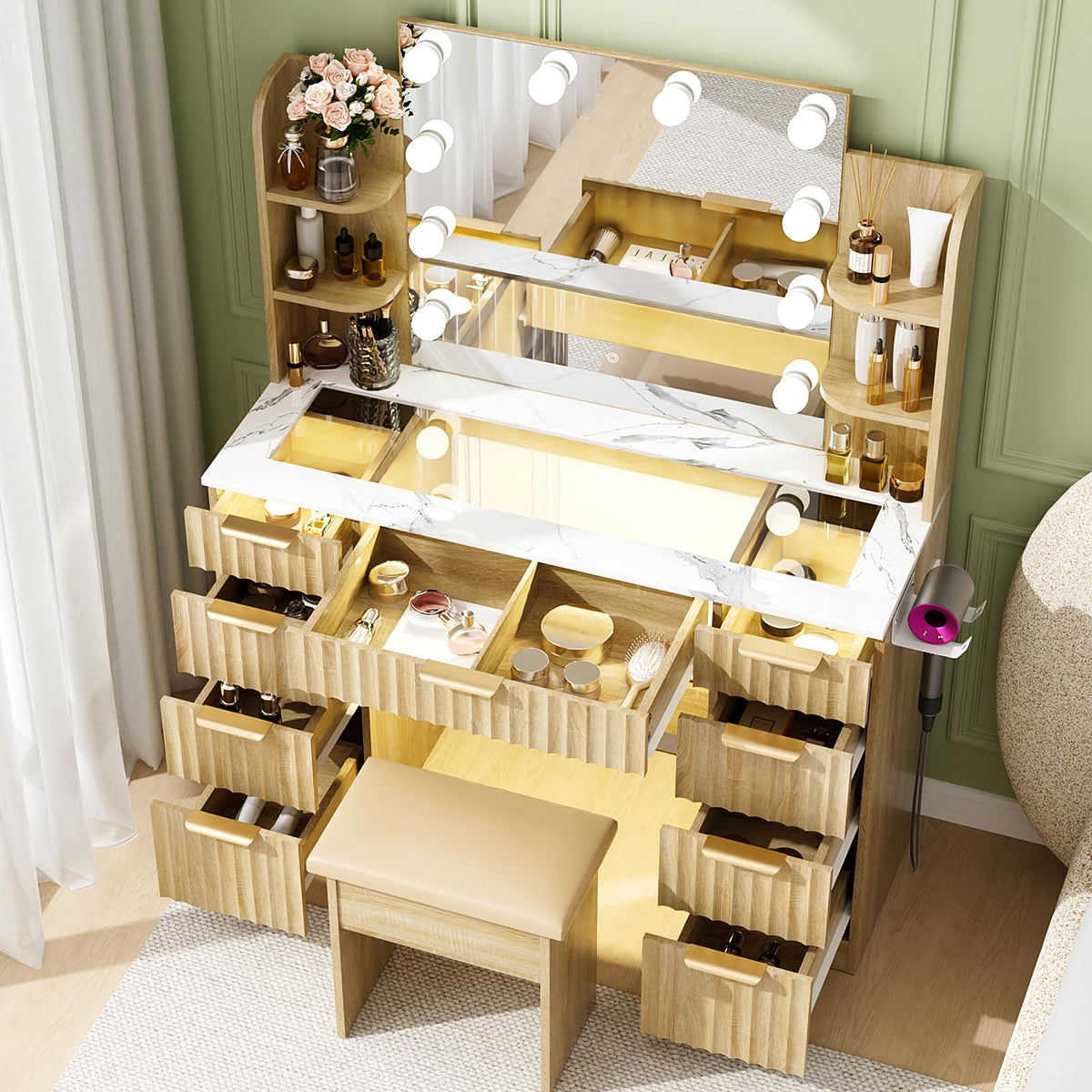 Fluted Glass-Top Makeup Vanity