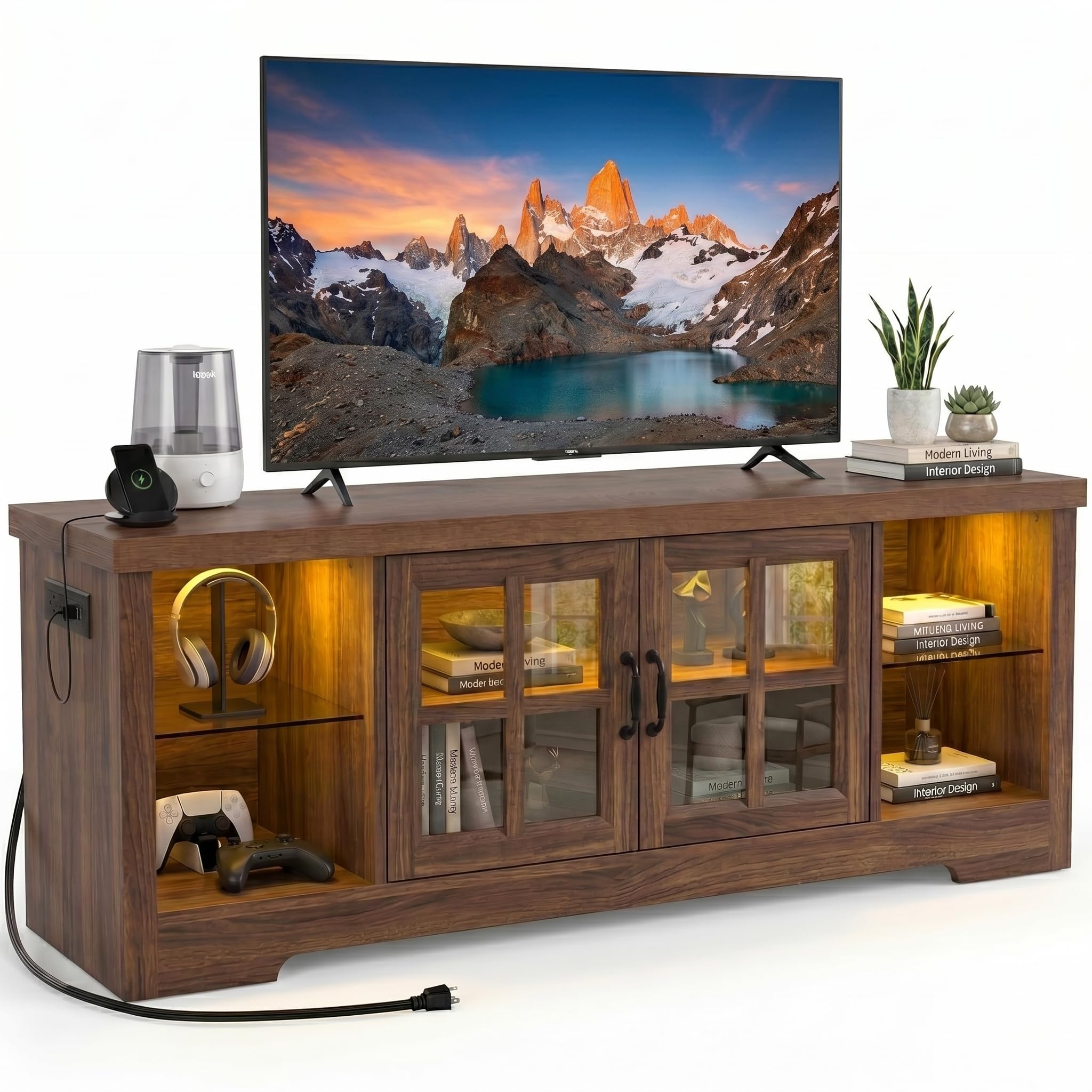 55" Farmhouse TV Stand for TVs up to 60", LED Entertainment Center with Power Outlet & Glass Cabinet, Wood Media Console Table with Adjustable Shelves for Living Room, Bedroom (Cracked Oak, 55 Inch)