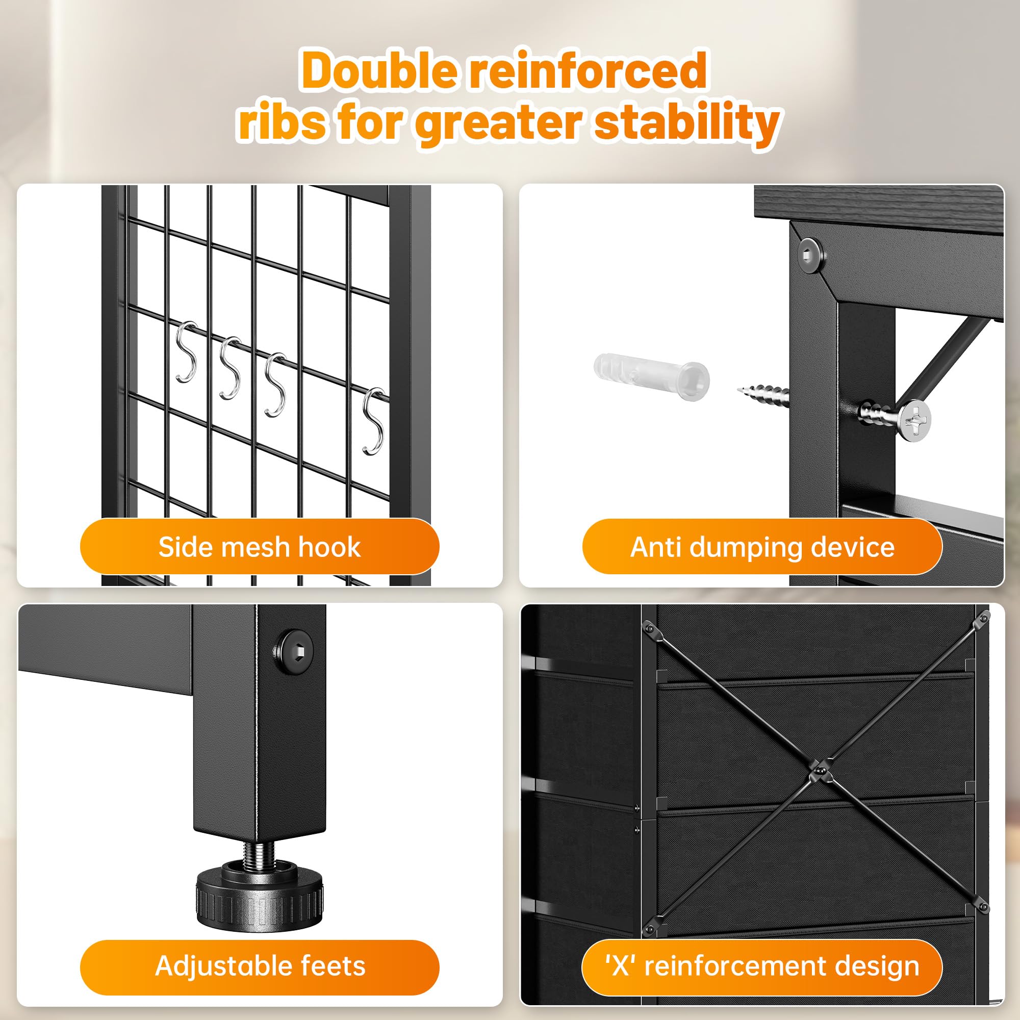 EnHomee 49.2" W Dresser for Bedroom with Hanging Rack 6 Drawers Dresser with LED Lights & Charging Station, Fabric Dressers & Chest of Drawers with 4 Hooks, Wooden Top, Grid Panel, Black