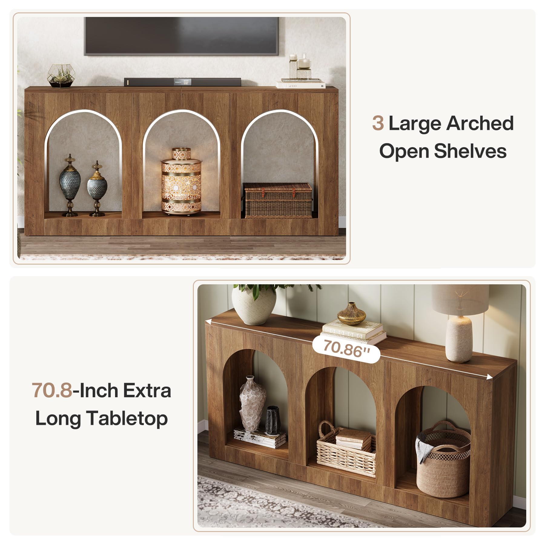 Tribesigns 70.9" Console Table with Storage, Wood Entryway Entry Table with 3 Arched Shelves for Foyer, Hallway, Living Room, Behind Couch Sofa, Narrow Long, Brown