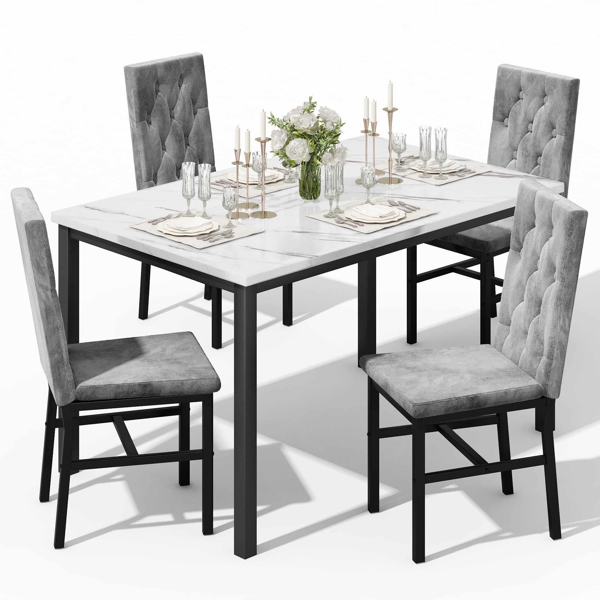 5-Piece Faux Marble Dining Table Set with Button-Tufted Chairs