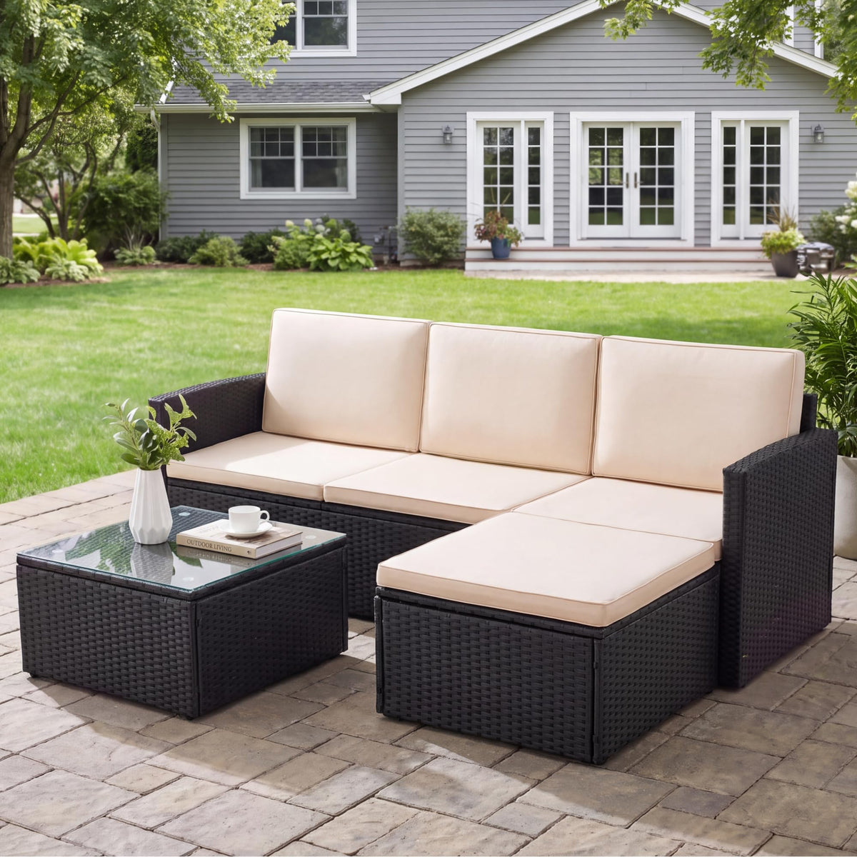 Greesum 3 Piece Patio Furniture Set Outdoor Wicker Rattan Sectional Sofa with Adjustable Seat, Soft Cushions & Coffee Table for Yard, Garden, Porch, Poolside, Beige