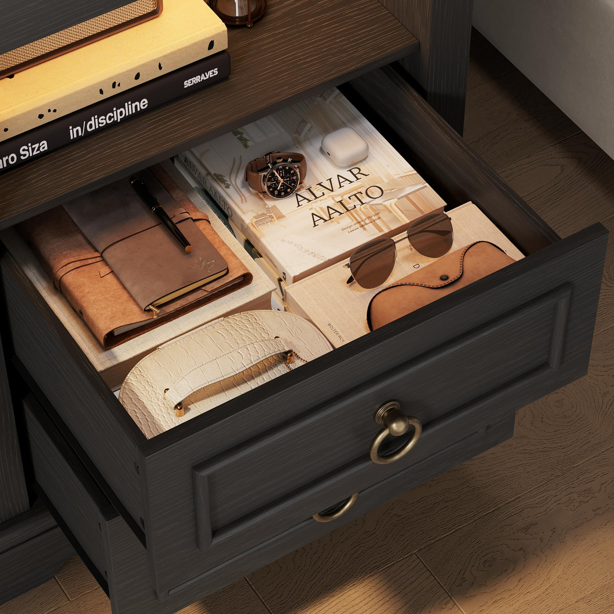 Black LED Nightstand Set of 2 with Charging Station