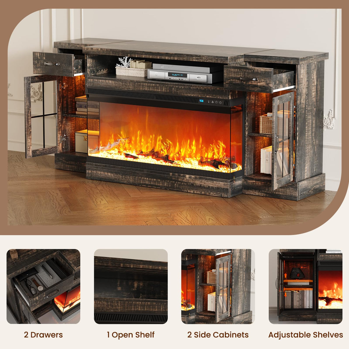 4 EVER WINNER 70" Fireplace TV Stand for TVs Up to 80", Farmhouse Entertainment Center with 3-Sided Glass Electric Fireplace, 2 Drawers, Storage Cabinets & Adjustable Shelves, Rustic Oak