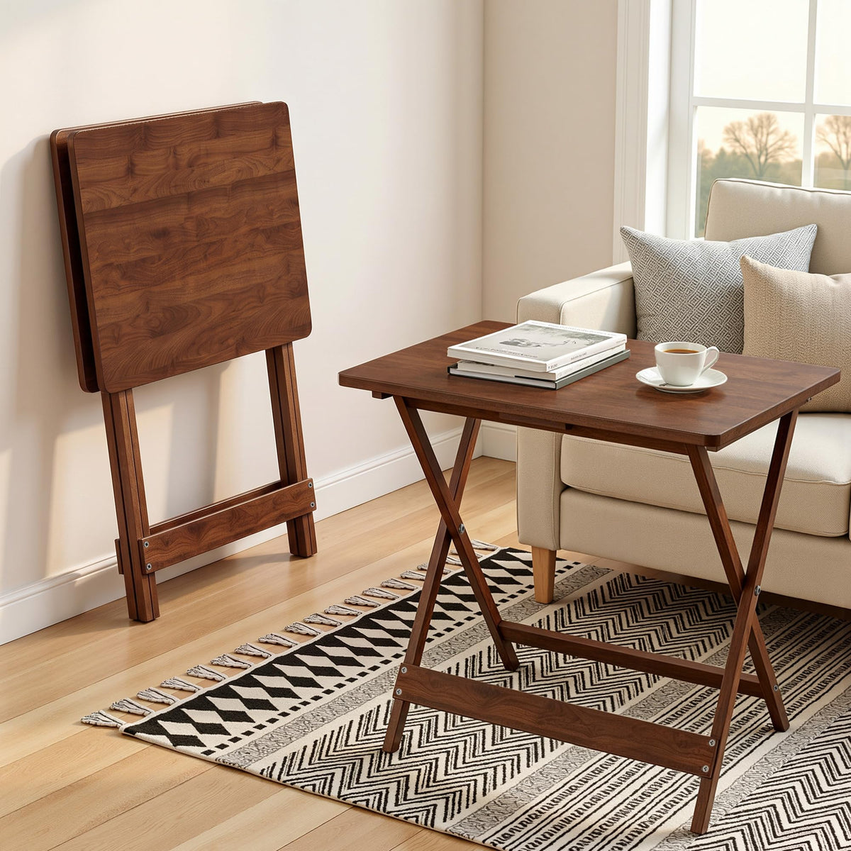 VECELO Folding Table Set of 2, Modern Wood Portable Snack TV Trays, Easy to Clean & Assemble, for Living Room,Bedroom, Kitchen, Brown