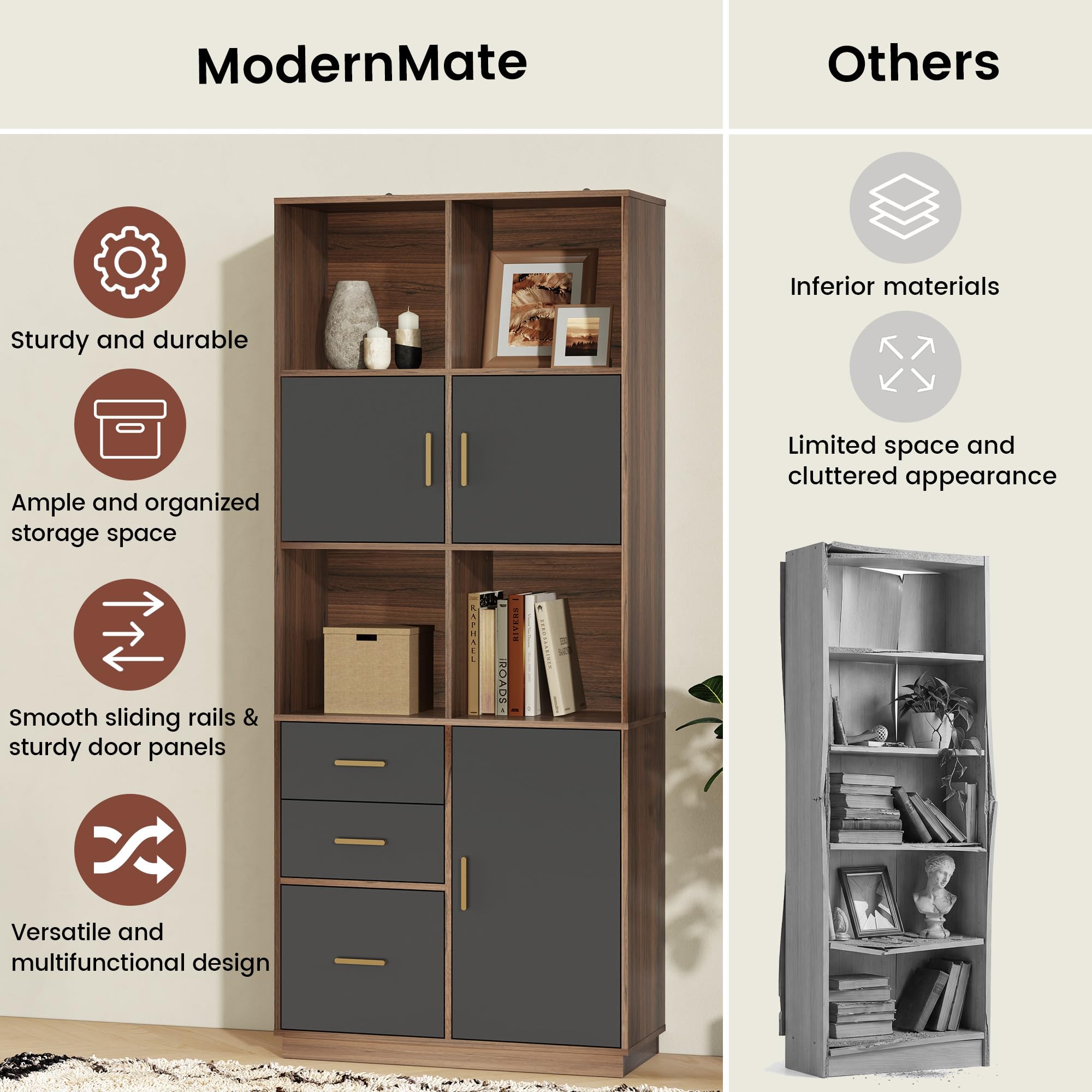 74.6" Tall Bookcase with 3 Drawers & Doors, Wood Bookshelf with Open Cubes & Adjustable Shelves, Fits A4 Hanging Files, Modern Free-Standing Bookcase for Home Office, Living Room, Study, Black Walnut