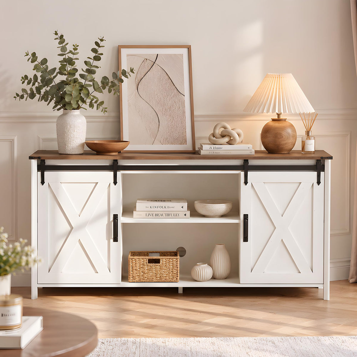 Seang Farmhouse TV Stand, 57 Inch, White