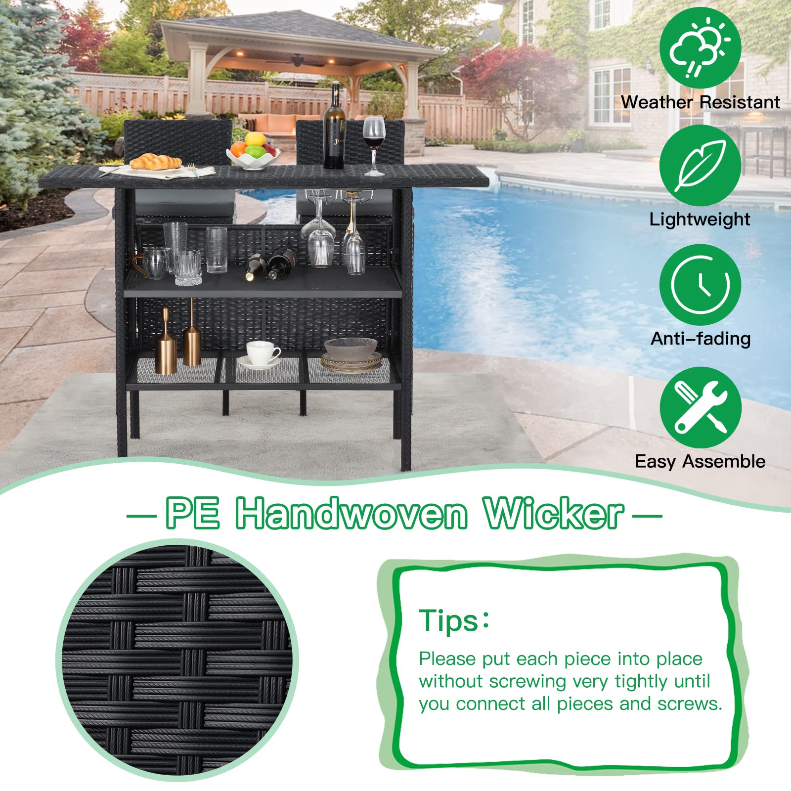 ECOTOUGE Black Wicker Bar Table, Outdoor Patio Console Table Serving Table, Mini Outdoor Bar Patio Counter with Steel Shelves & Hanging Wine Glasses, Ideal for Garden, Backyard