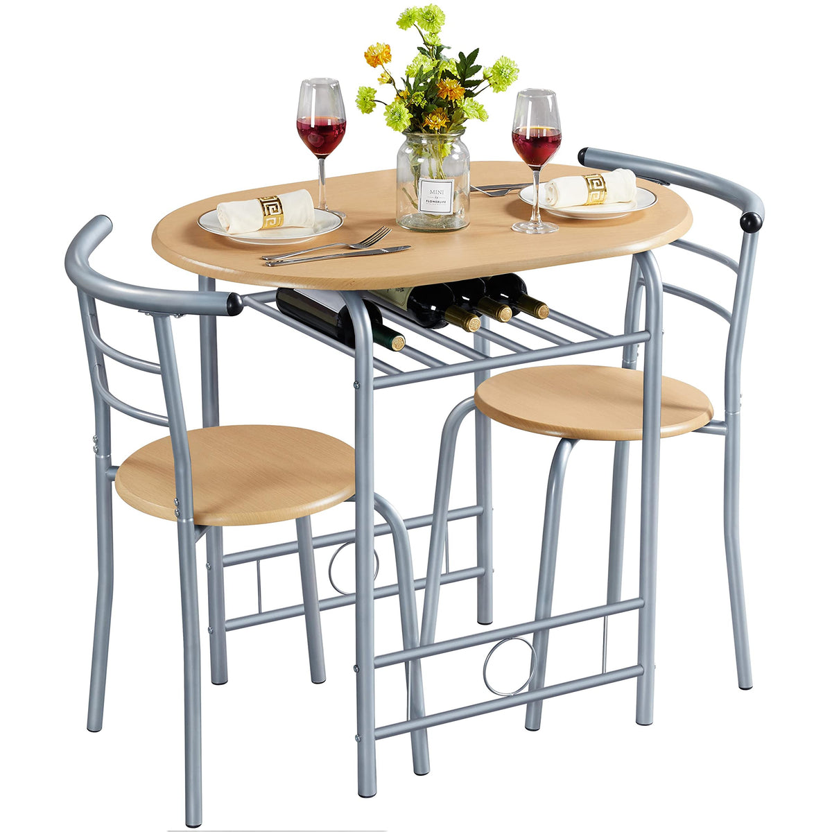Yaheetech 3 Piece Dining Table Set for 2, Small Table and Chairs, Natural