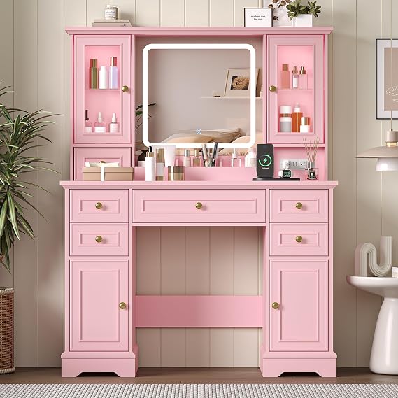 Farmhouse Vanity Desk with Mirror & Lights