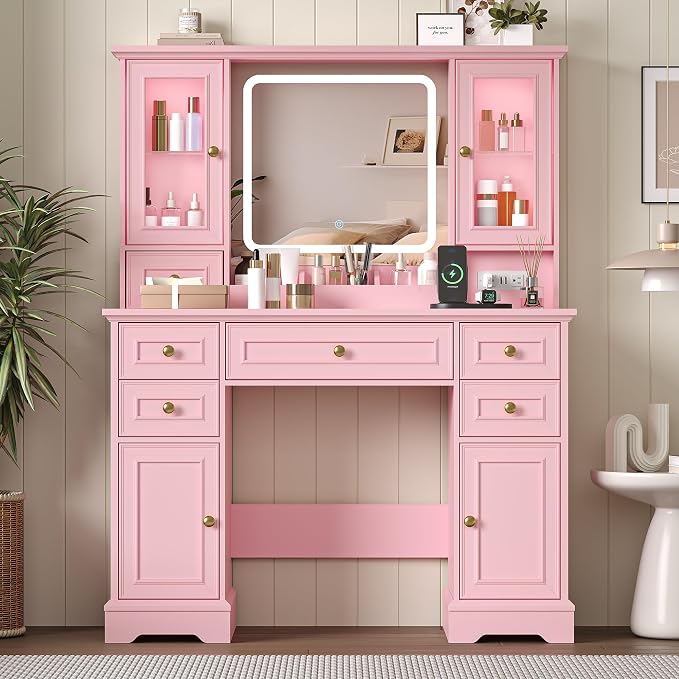 Farmhouse Makeup Vanity with Lighted Mirror