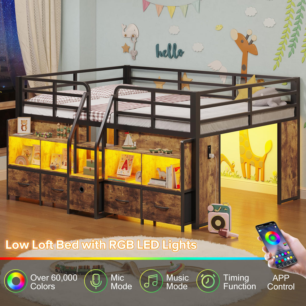 BYSAUD Full Low Loft Bed with 5 Storage Drawers and 6 Bookcases, Brown