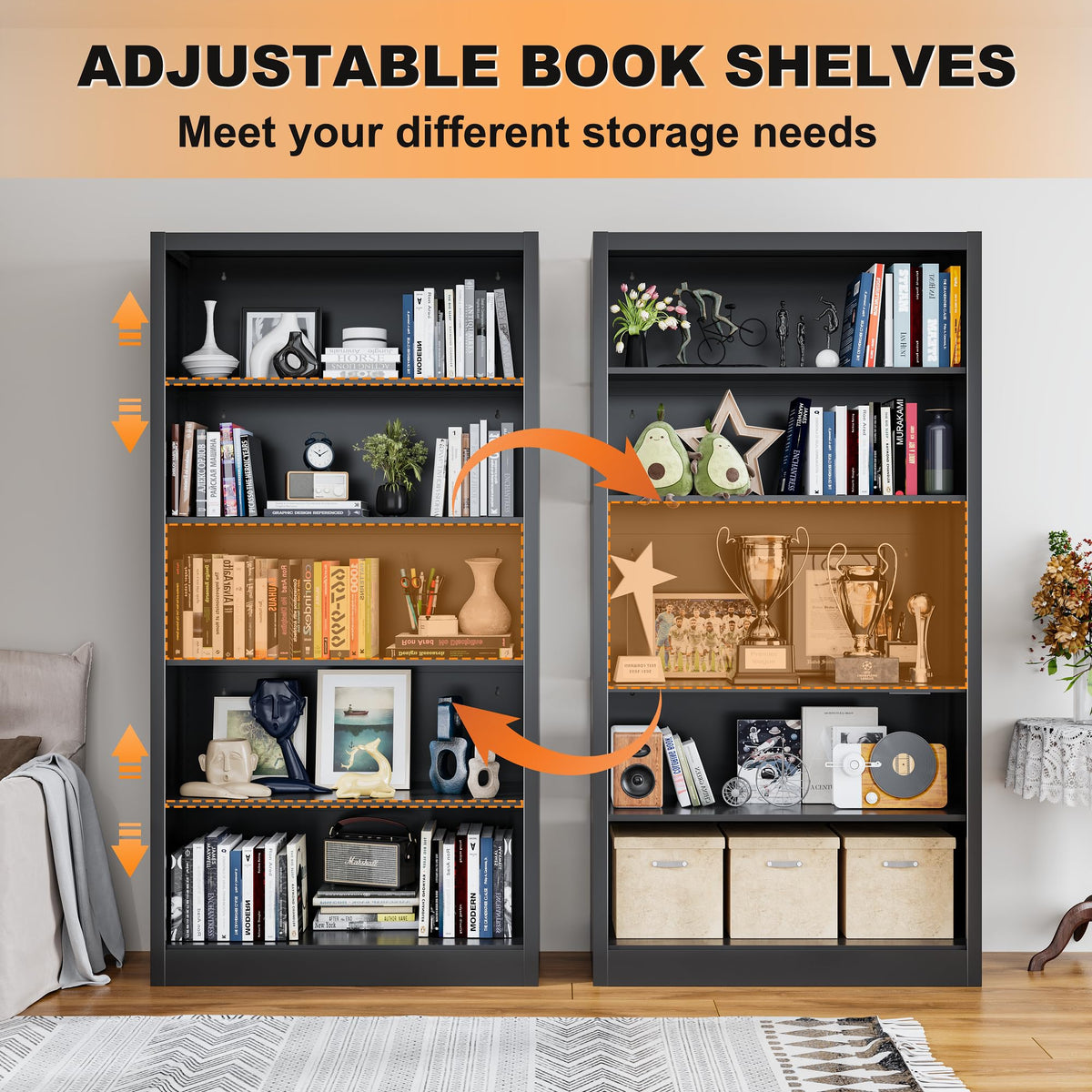 VASAAOSD 66" Tall Metal Bookcase, 5 Shelf Black Bookcase with Adjustable Shelves, Large Bookshelves and Bookcases, Modern Book Shelf Storage Organizer for Living Room, Home Office, Library (Black)