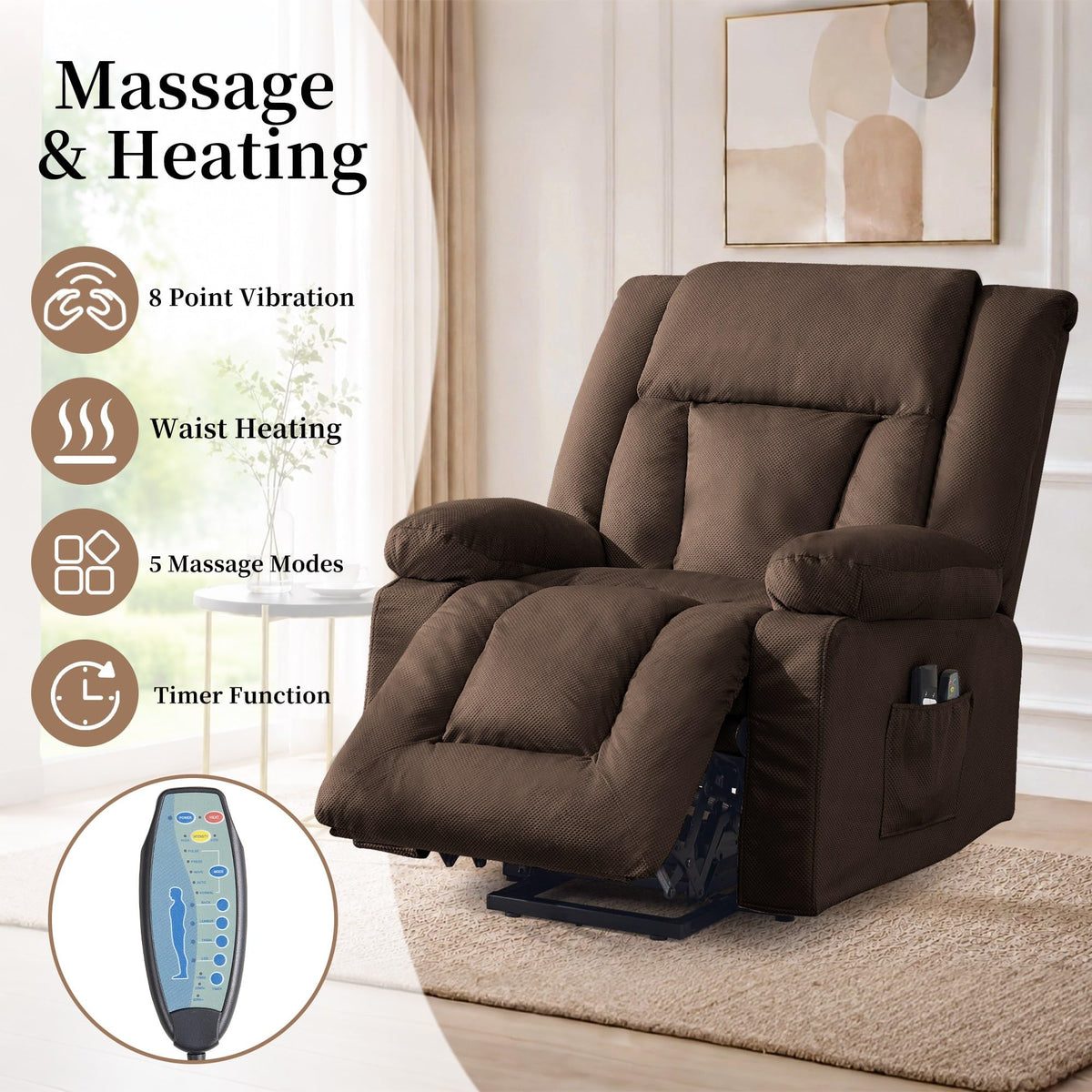 Korser Dual Motor Power Lift Recliner Chair for Elderly with Massage and Heat, Oversized Electric Recliner with Side Pockets, Living Room, Waffle, Brown