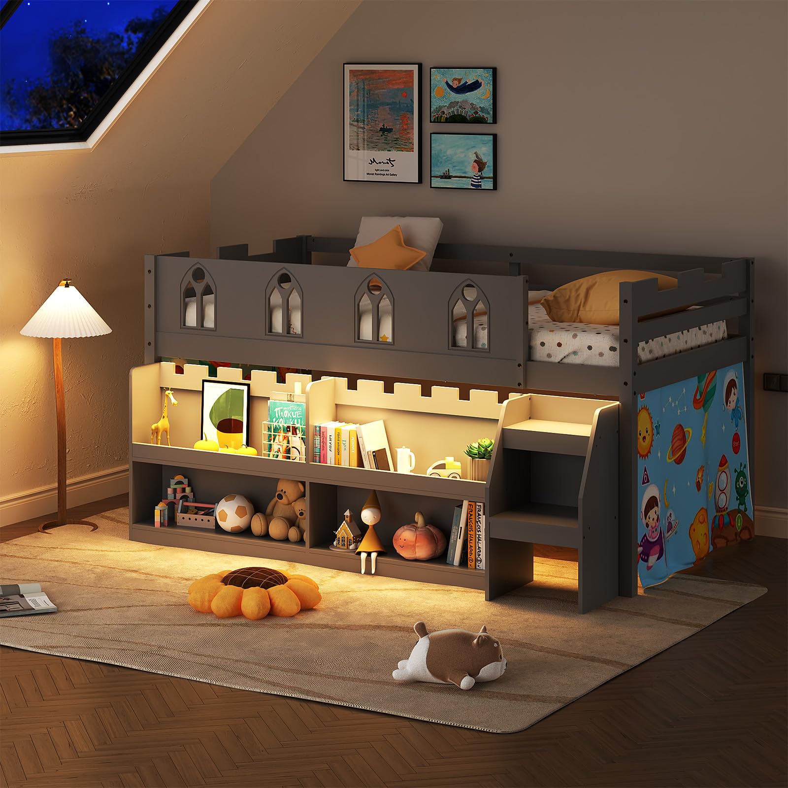 Twin Low Loft Bed with LED Lights & Storage