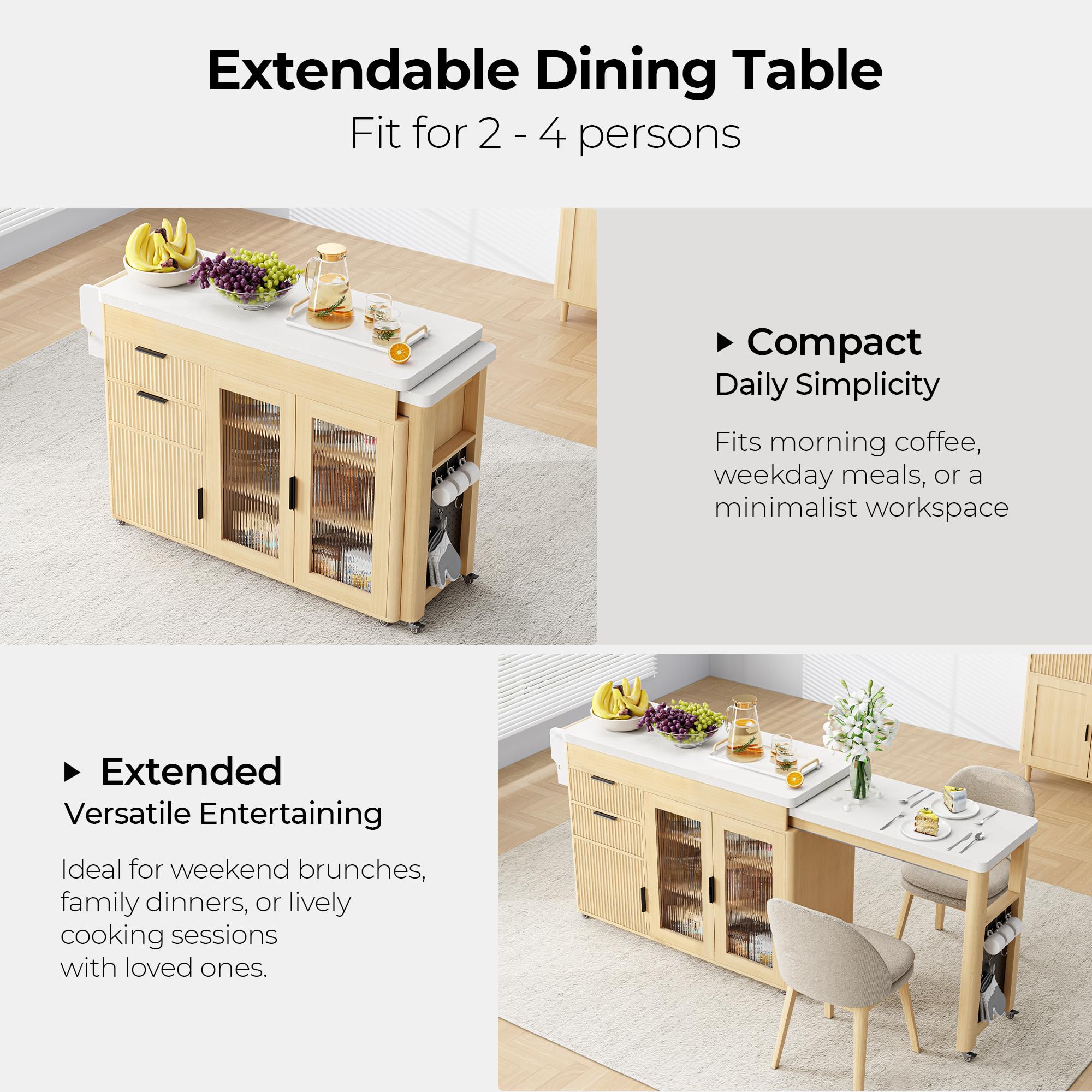 Expandable Kitchen Island with Dining Table & Storage