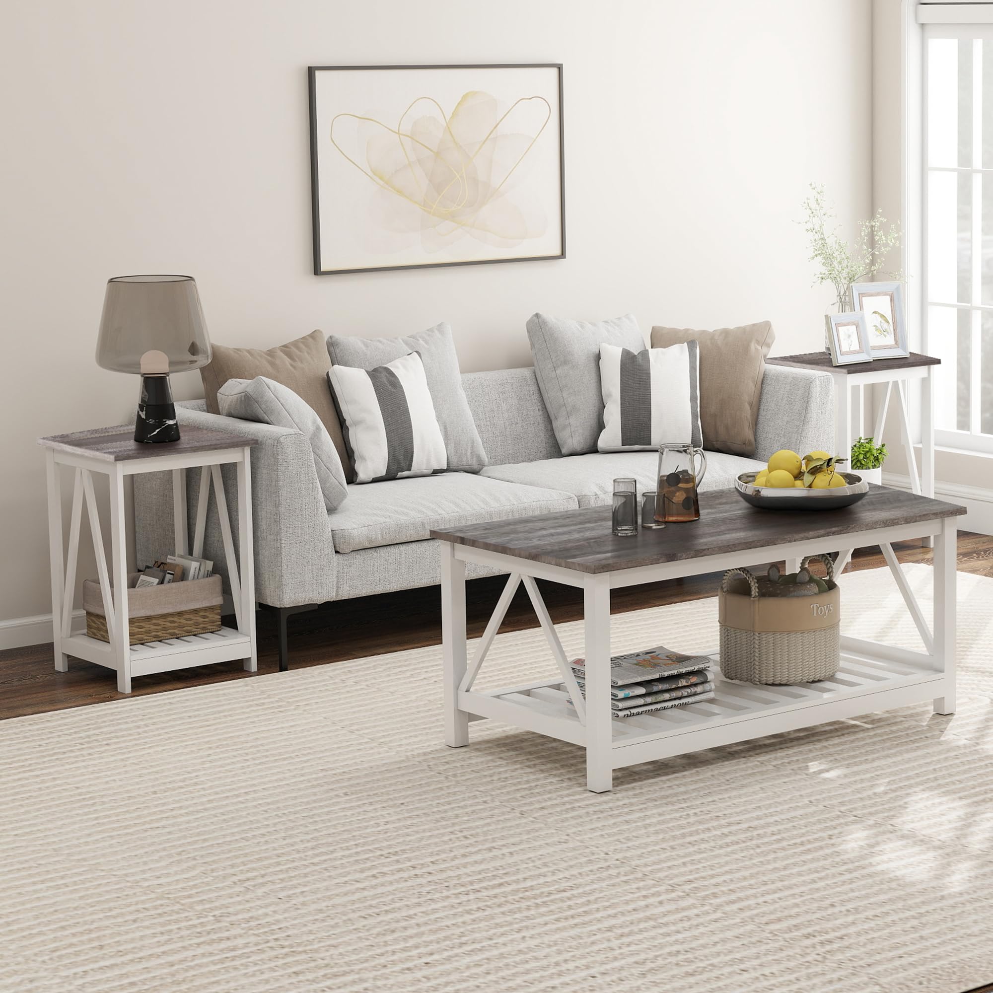 UYIHOME Farmhouse Square End Table, Accent Side Table with Slats Design, Sofa Side Table with Sturdy Frame for Living Room, Oak Grey