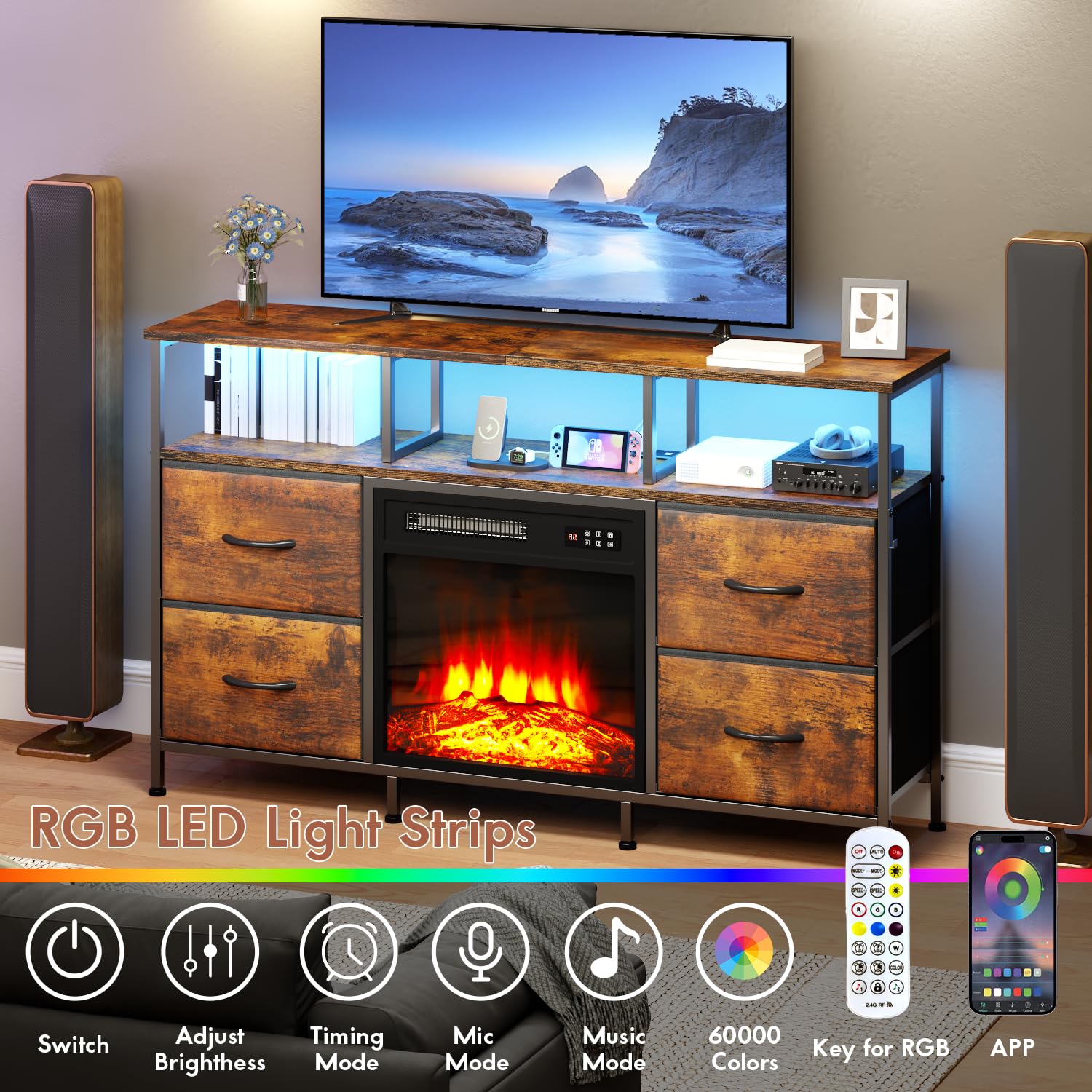Fireplace TV Stand with Drawers & LED Lights