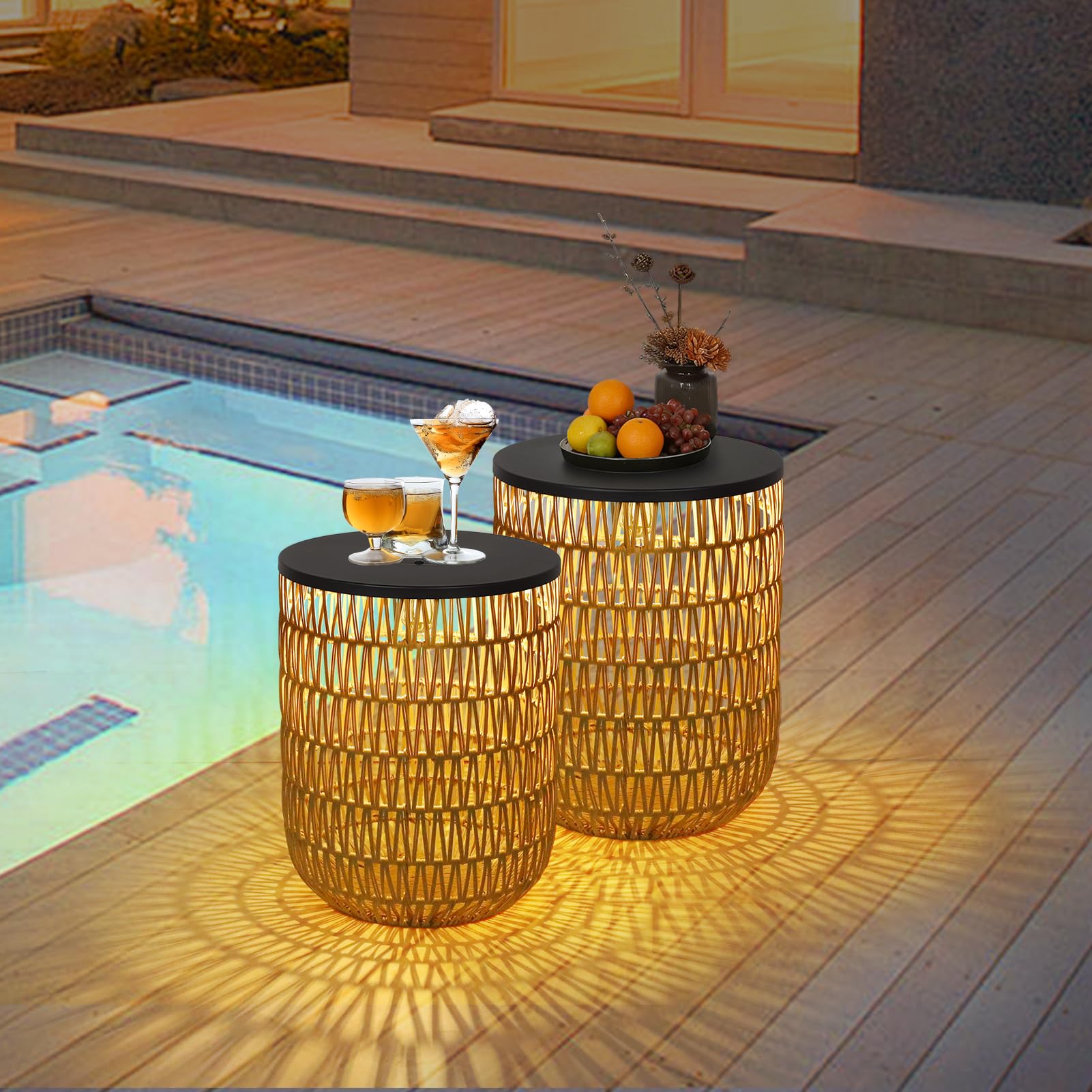 Solar Outdoor Side Table Set of 2 with Dimmable Light
