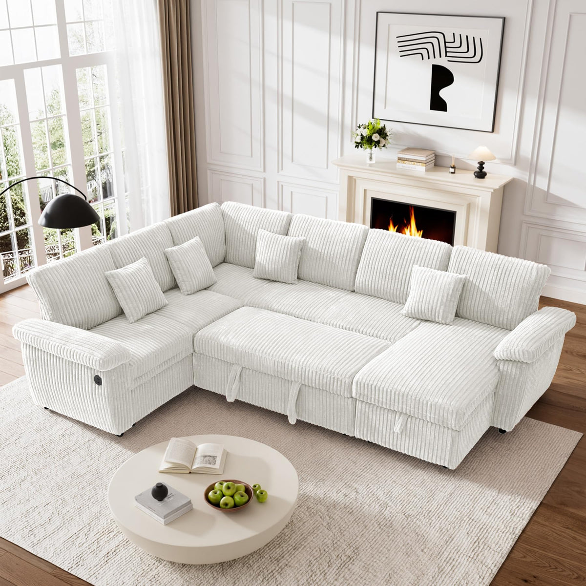 Flyida 110" Sectional Sleeper Sofa with Pull Out Bed, Storage Chaise & USB Charging, U Shaped Plush Corduroy Beige Sectional Couches for Living Room, Comfy Convertible 7 Seat Cloud Sofa Bed, Beige