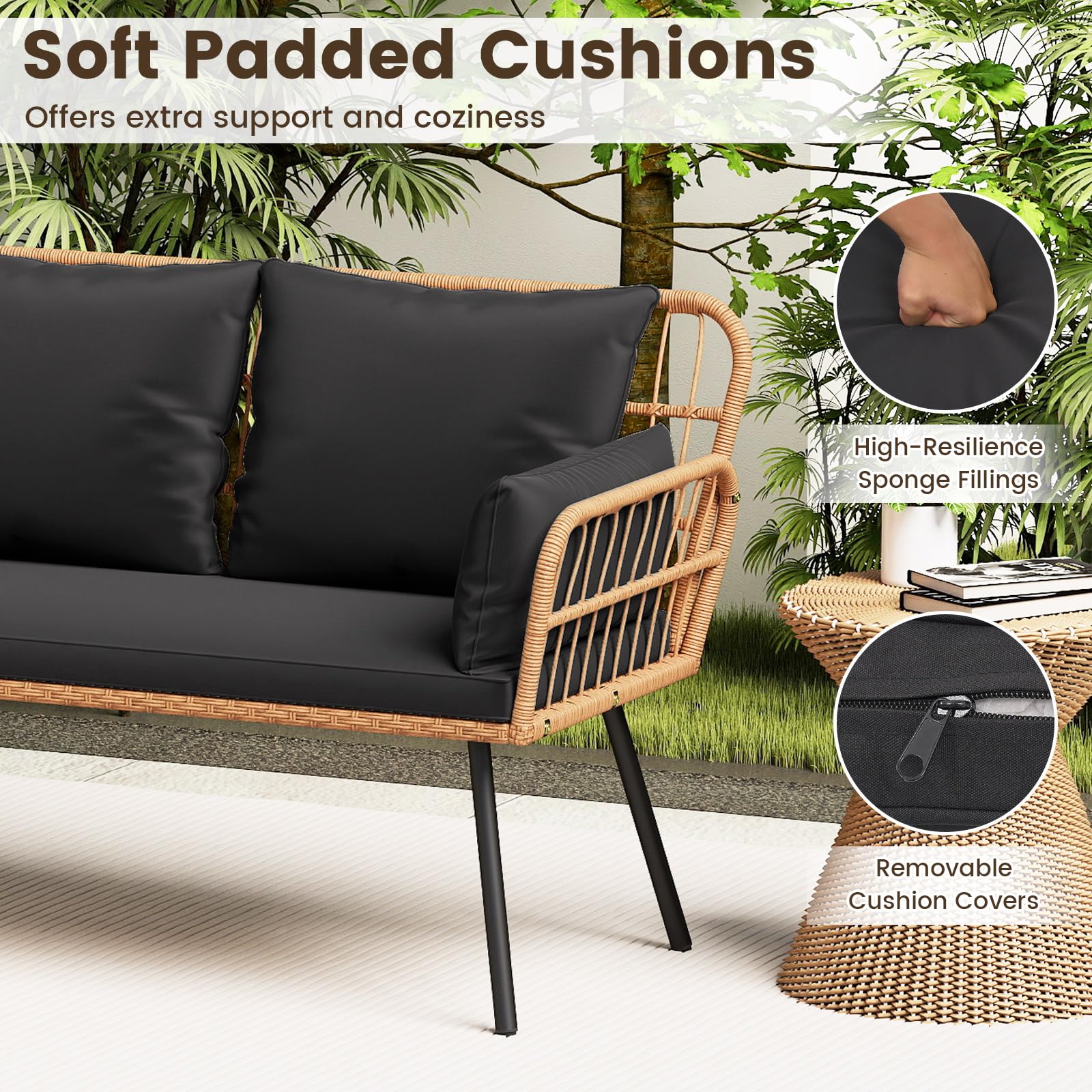 Outdoor PE Rattan Loveseat Sofa with Cushions