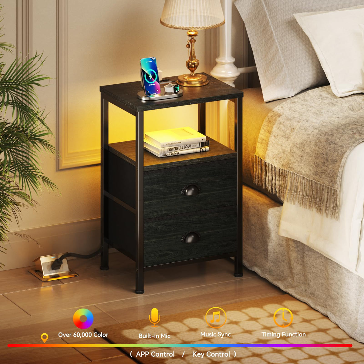 Furologee Nightstand Set of 2 with LED Lights, Charging Station, Black Oak