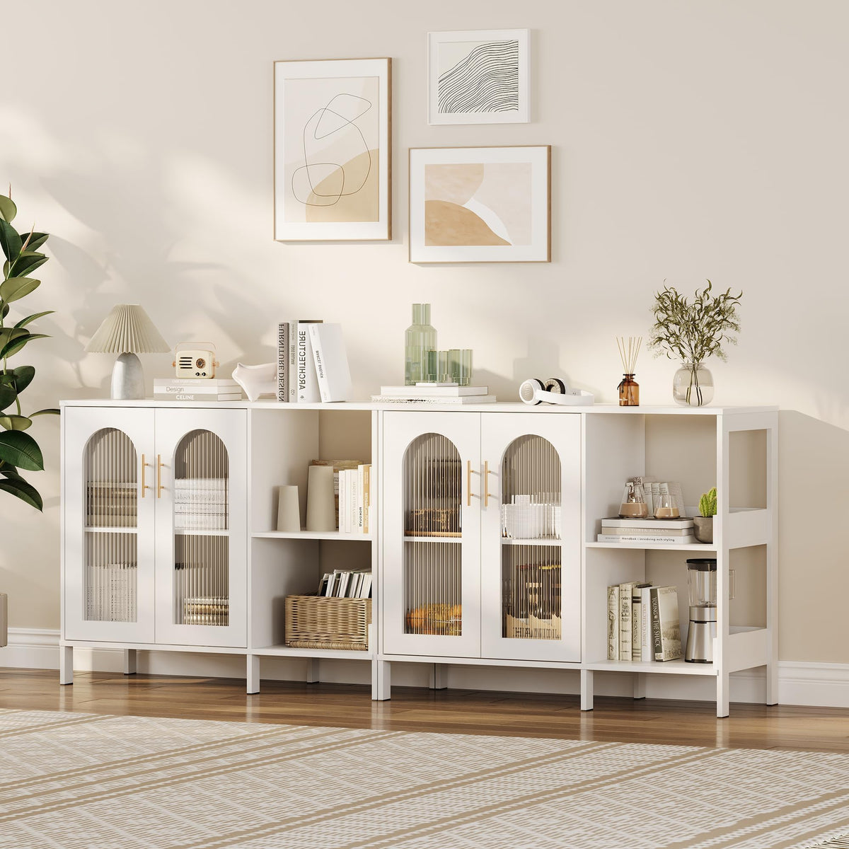 GarveeHome Glass Door Sideboard Cabinet, Modern Storage Buffet with Metal Handles & Adjustable Shelves, Solid Wood Frame Display Cabinet for Living Room, Dining Room, Kitchen, Entryway, White