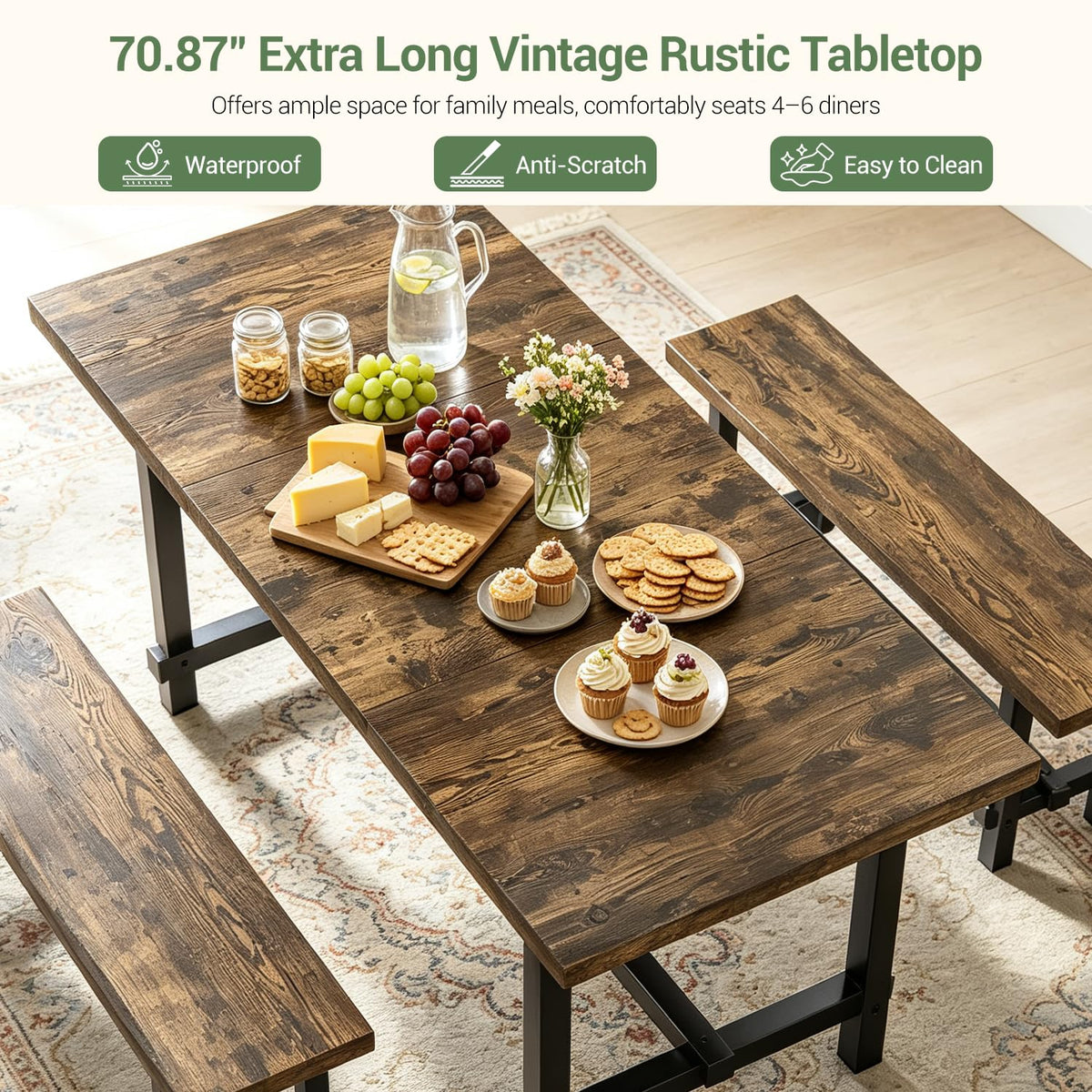 70.8" Dining Table Set with 2 Benches, Farmhouse Kitchen Table Set for 4-6