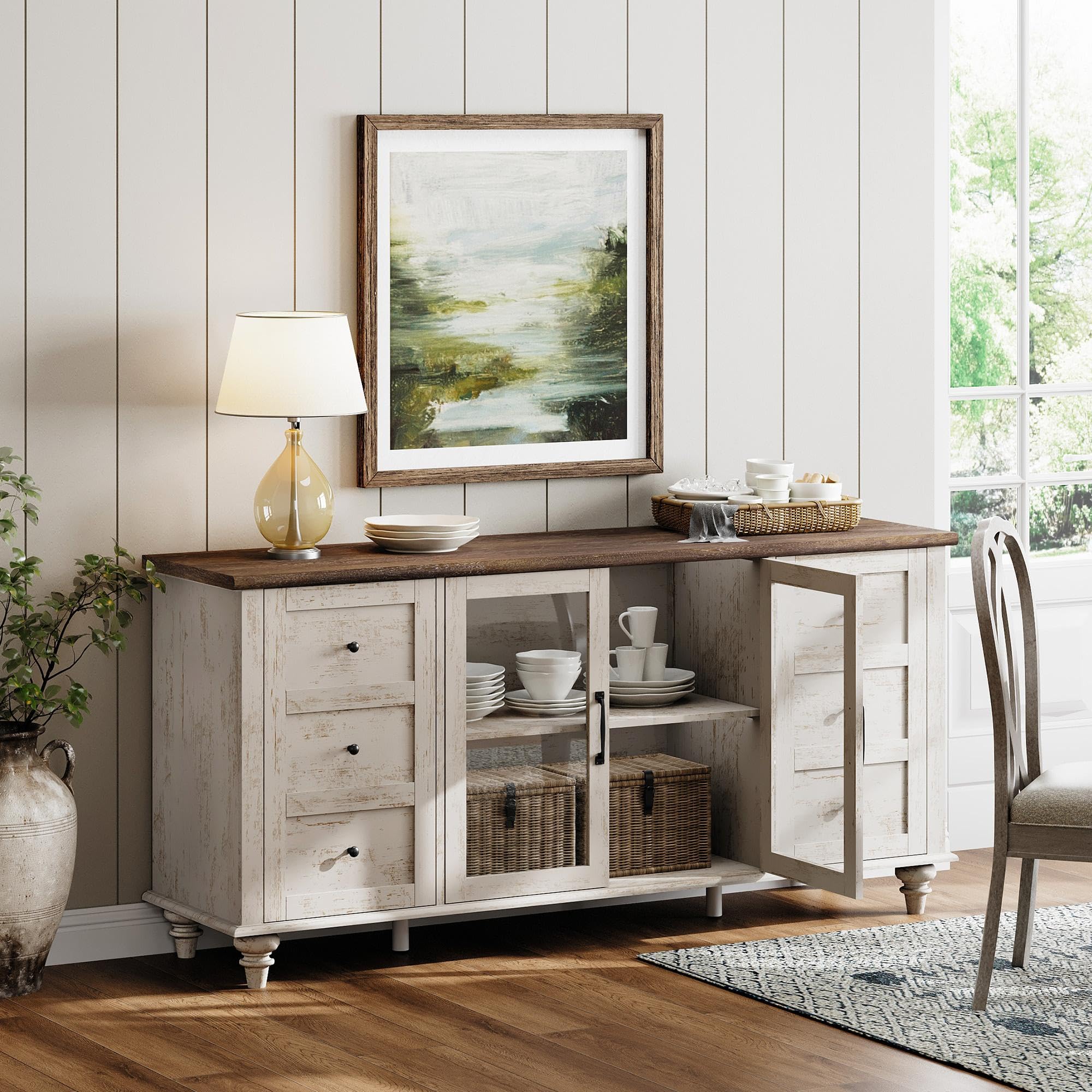 58" Farmhouse TV Stand with Glass Doors & Adjustable Shelf