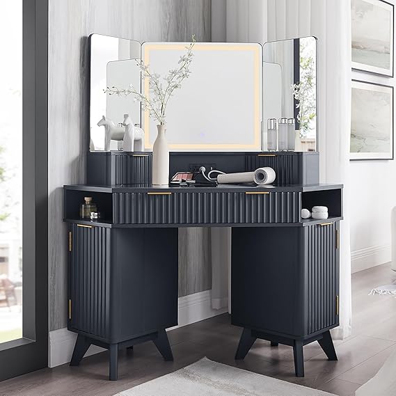 48" Corner Vanity Desk with 3-Way Mirror, Lights & Charging Station