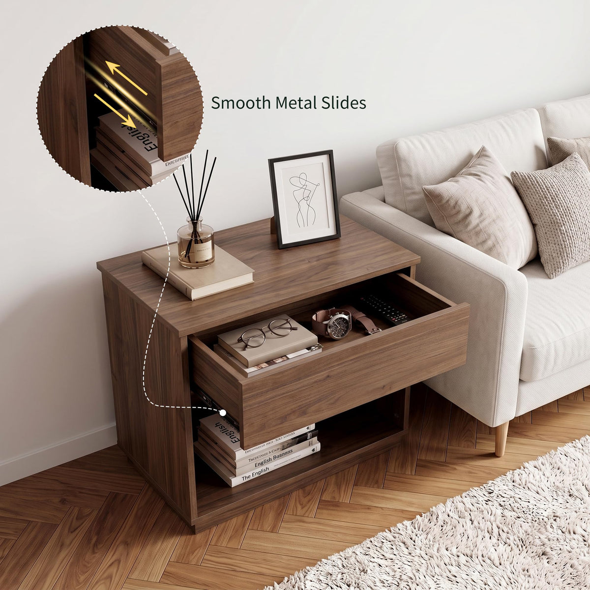 HIPIHOM 31.5" Wide Walnut Nightstand with Drawer and Open Shelf for Bedroom