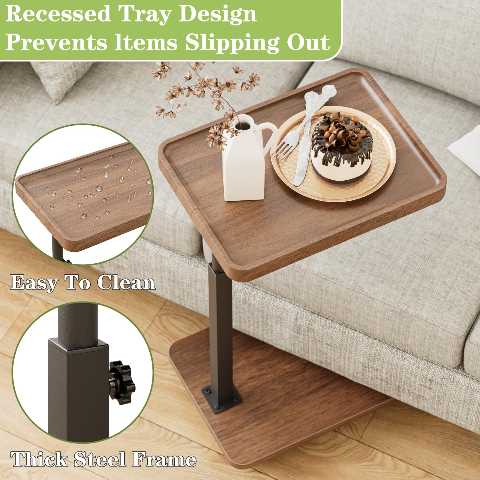 Katrawu TV Tray Table for Eating,Sofa Armrest & 360° Swivel &Height Adjustable End Side Table for Couch,Snack Table for Sofa, Bedroom, Living Room, C Shaped End Table(Brown+Black)