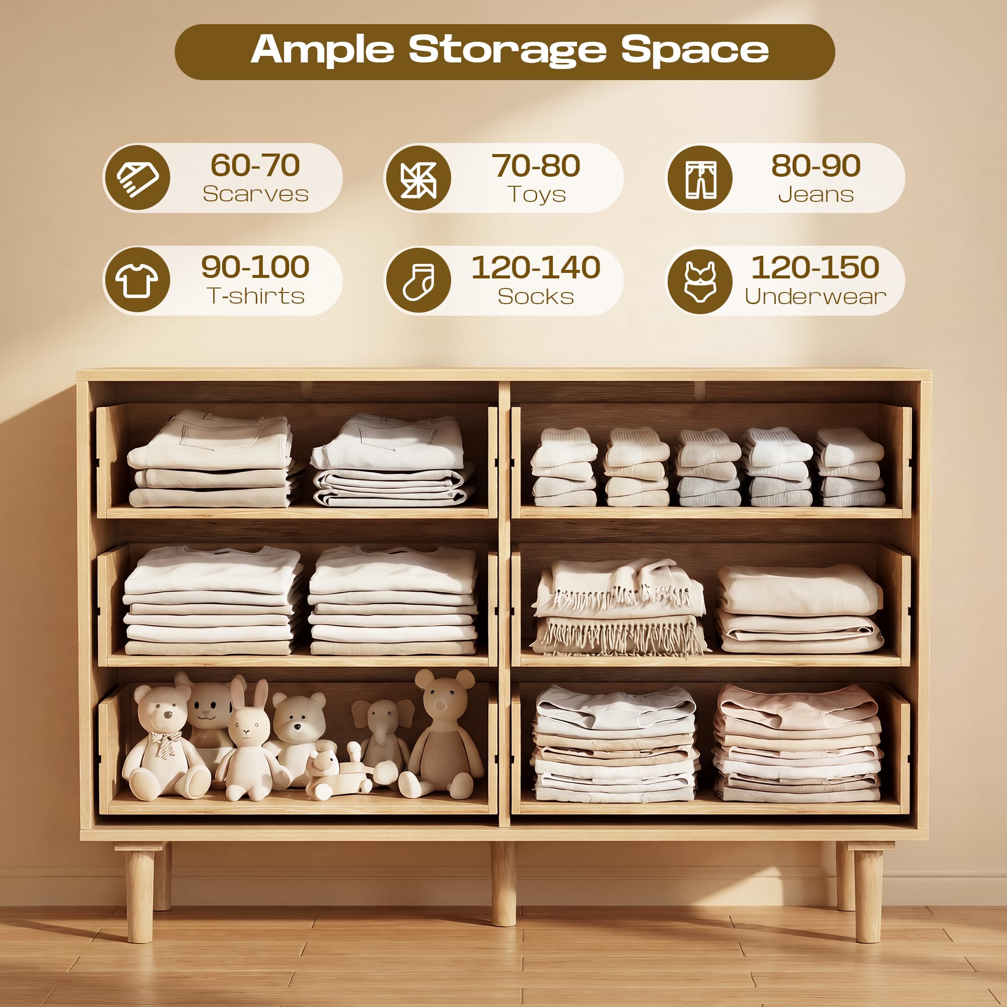 FUQARHY 6 Drawer Dresser Rattan Dresser Modern Chest with Drawers,Wood Storage Closet Dressers Chest of Drawers for Bedroom,Living Room,Hallway (Natural)
