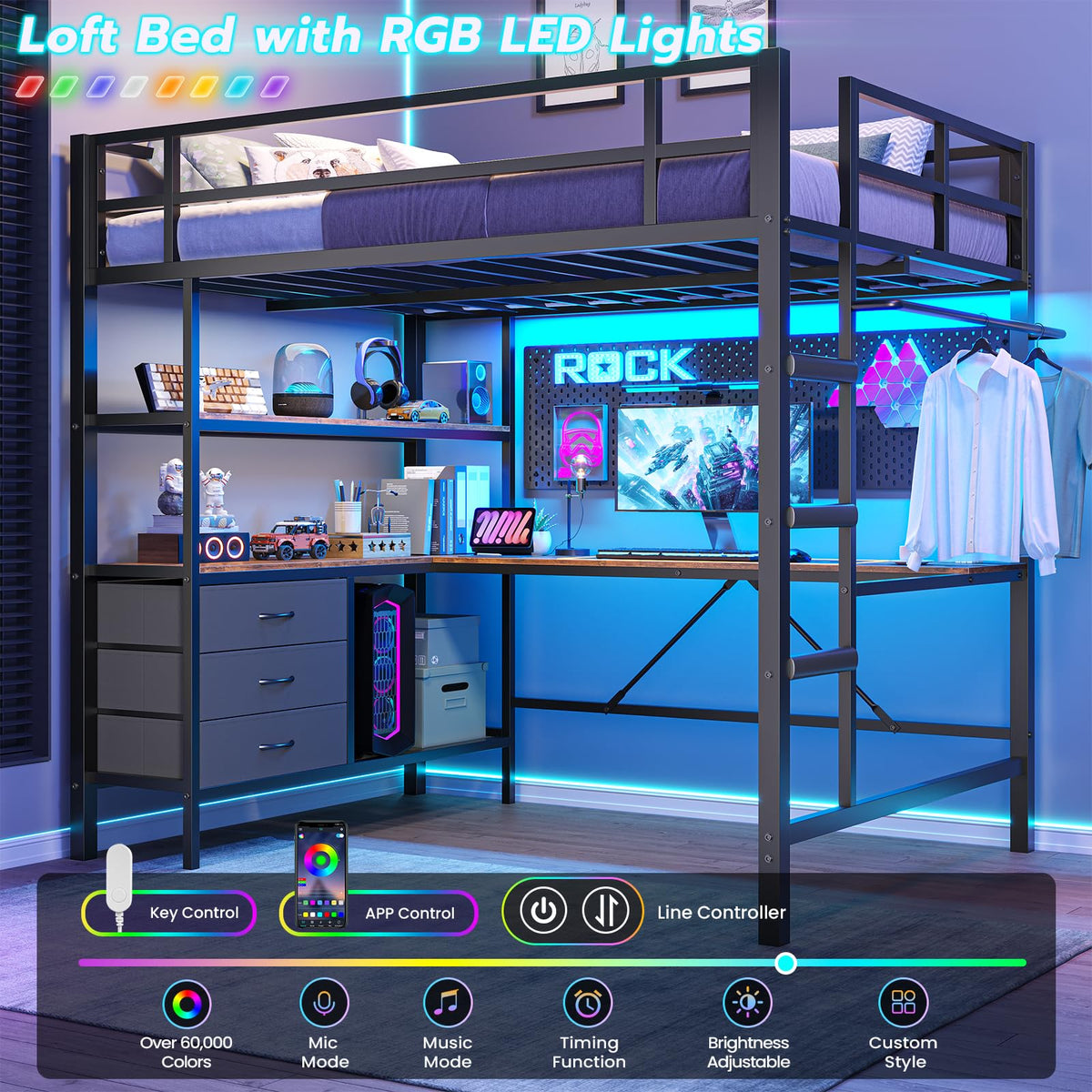 Metal Loft Bed with Desk & Storage