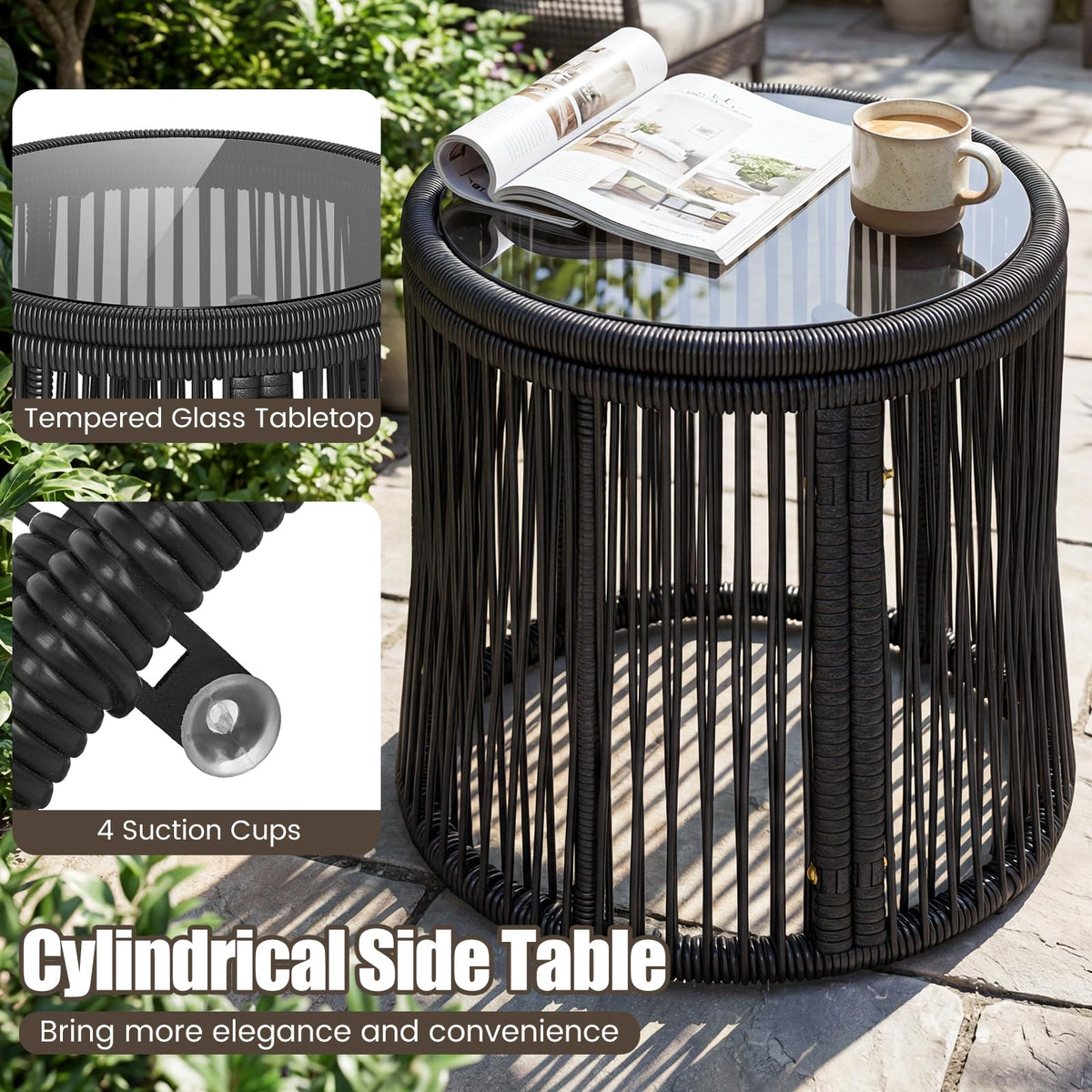 Tangkula 3 Pieces Patio Rattan Bistro Conversation Set, Outdoor All-Weather Wicker Furniture Chairs & Round Side Table Set with Tempered Glass Tabletop, Ideal for Porch, Balcony & Backyard (Black)