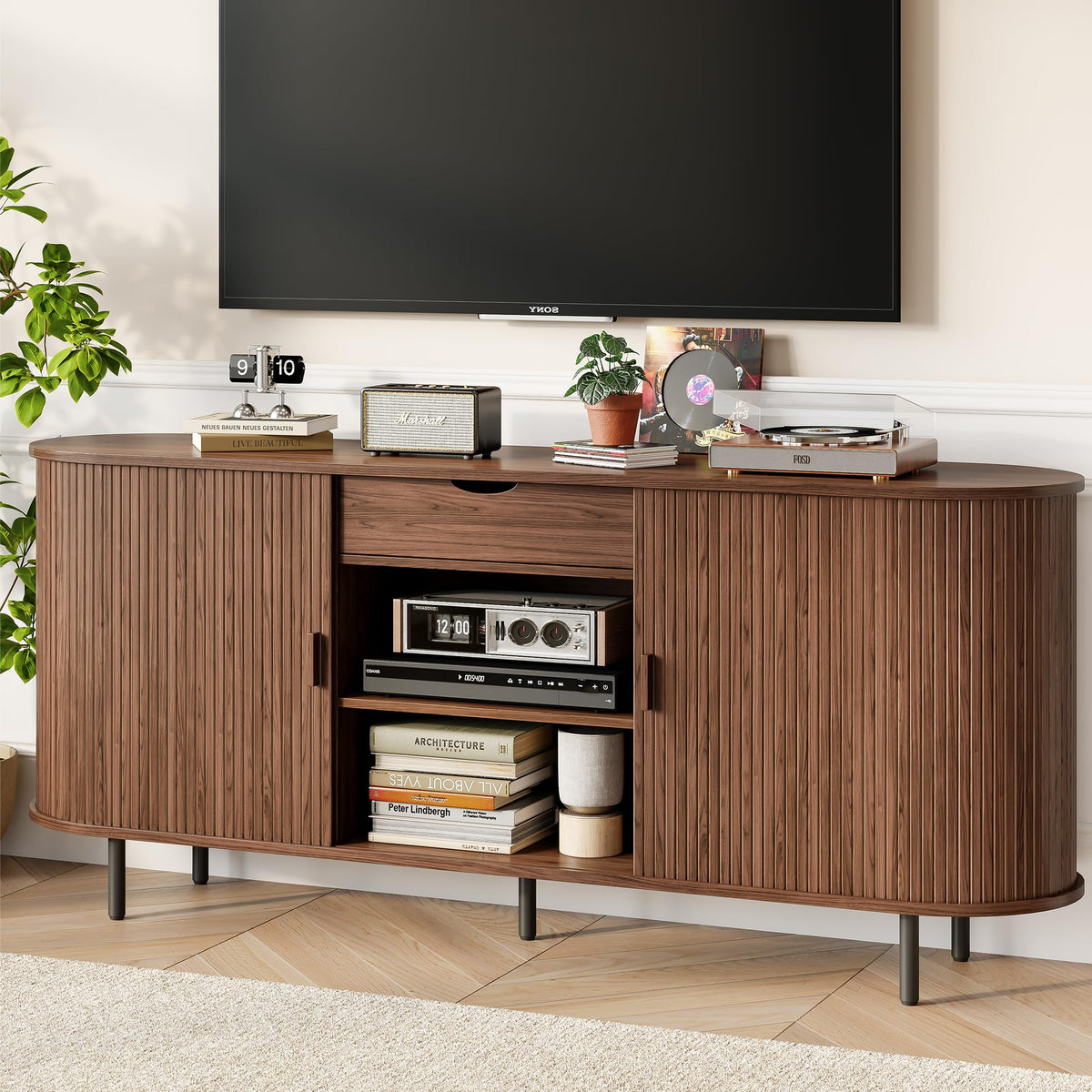 Walnut Fluted Sideboard with Power Outlets