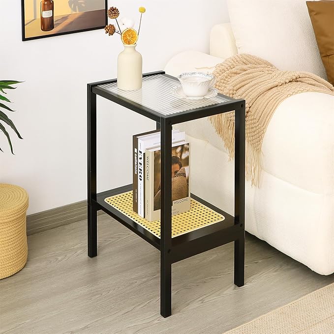 2-Tier Bamboo Side Table with Glass Top & Rattan Shelf