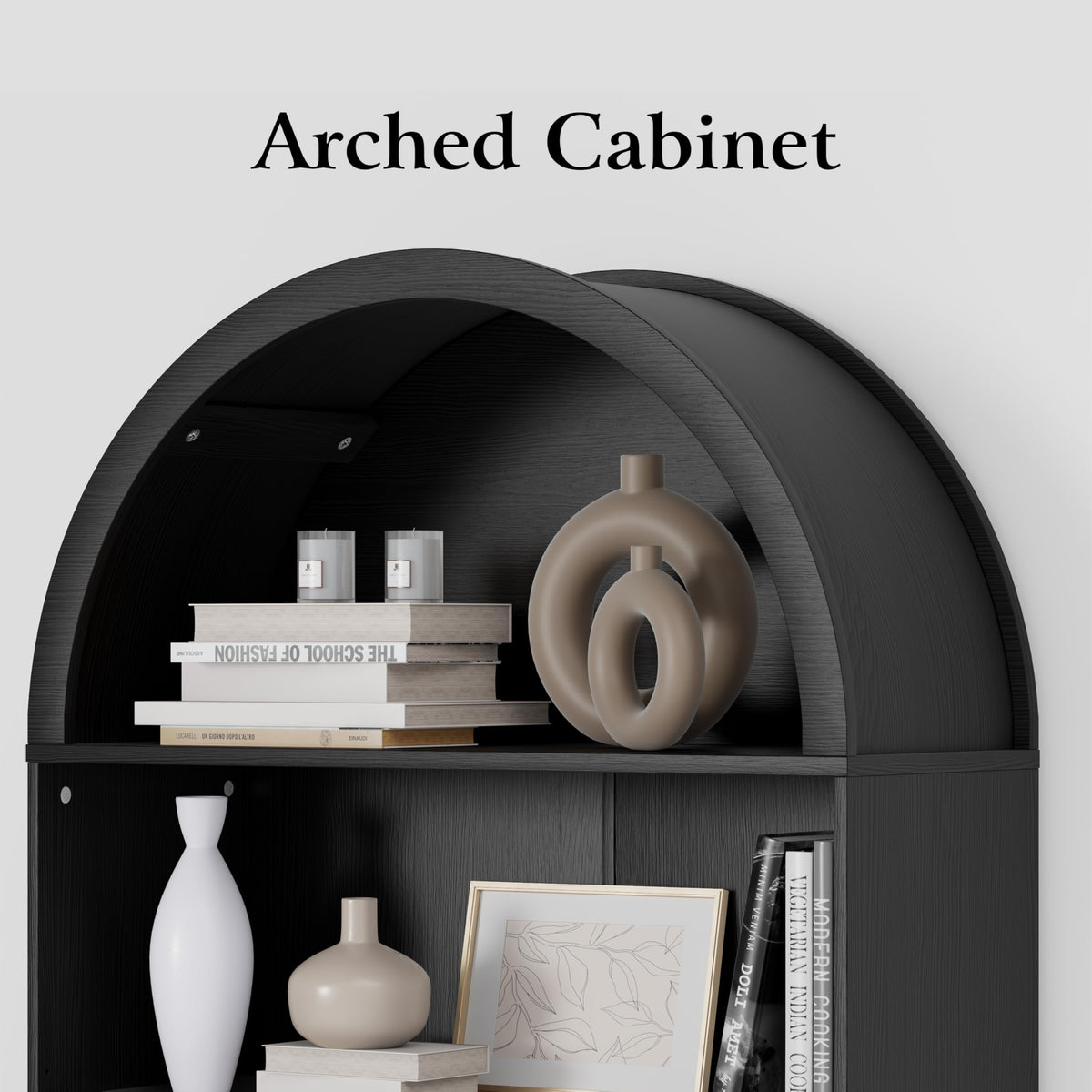 DHH 71" Tall Arched Bookshelf, 5 Tiers Arch Bookcase with Storage, Modern Farmhouse Book Shelf with Adjustable Shelves ＆Sliding Doors, Wood Display Cabinet for Living Room, Office (Black)