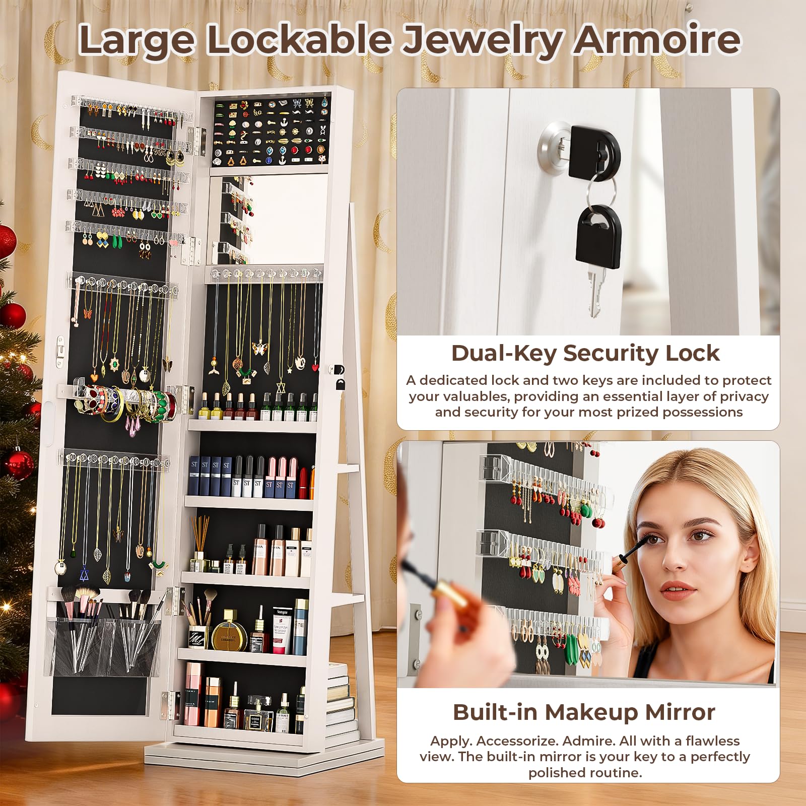 Lockable Jewelry Armoire with Full-Length Mirror