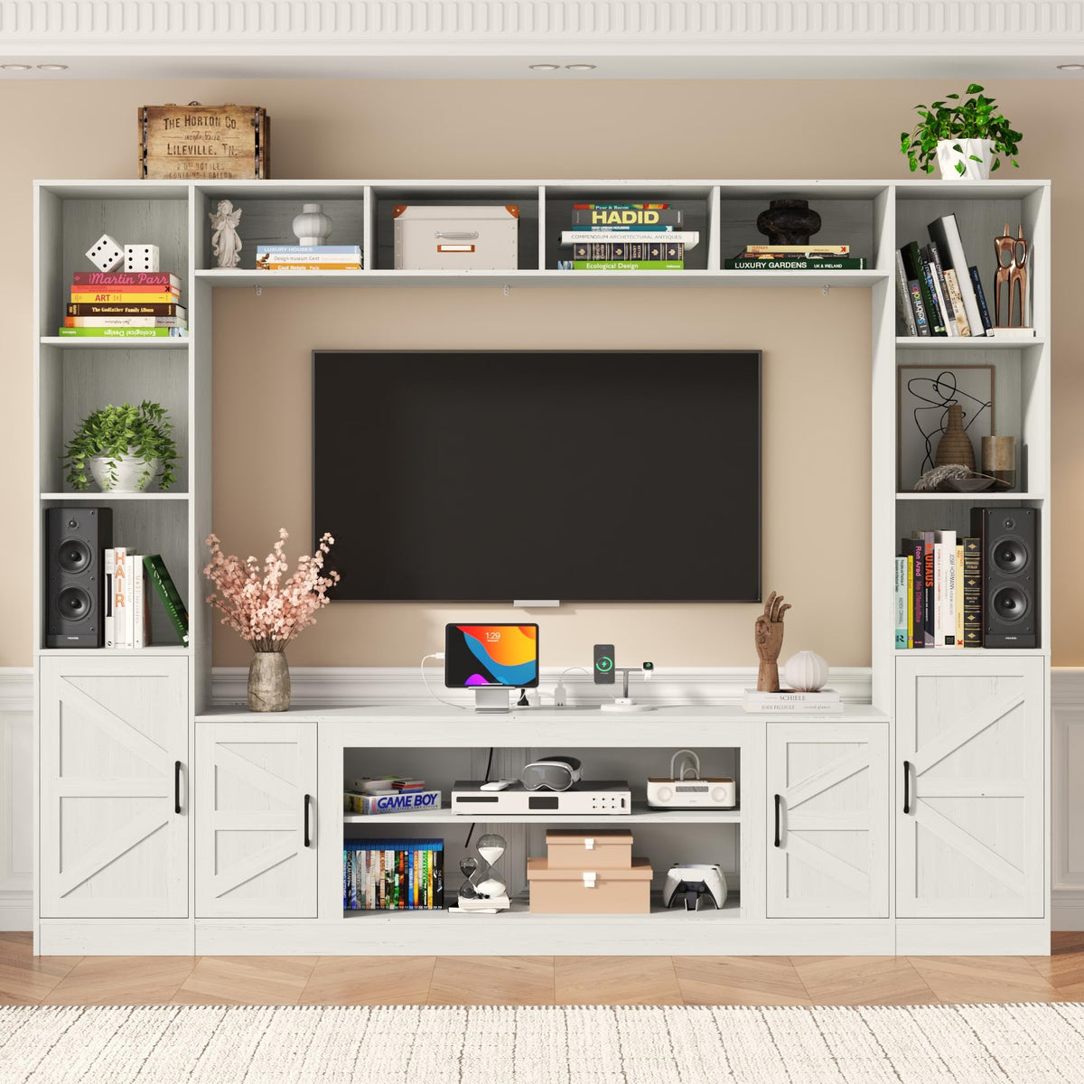 103" TV Stand for TVs up to 75", Wall Unit Multifunctional Entertainment Center with Storage & Bookshelves for Living Room, Farmhouse TV Cabinet with Power Outlets, Media Cabinet with Storage Shelves