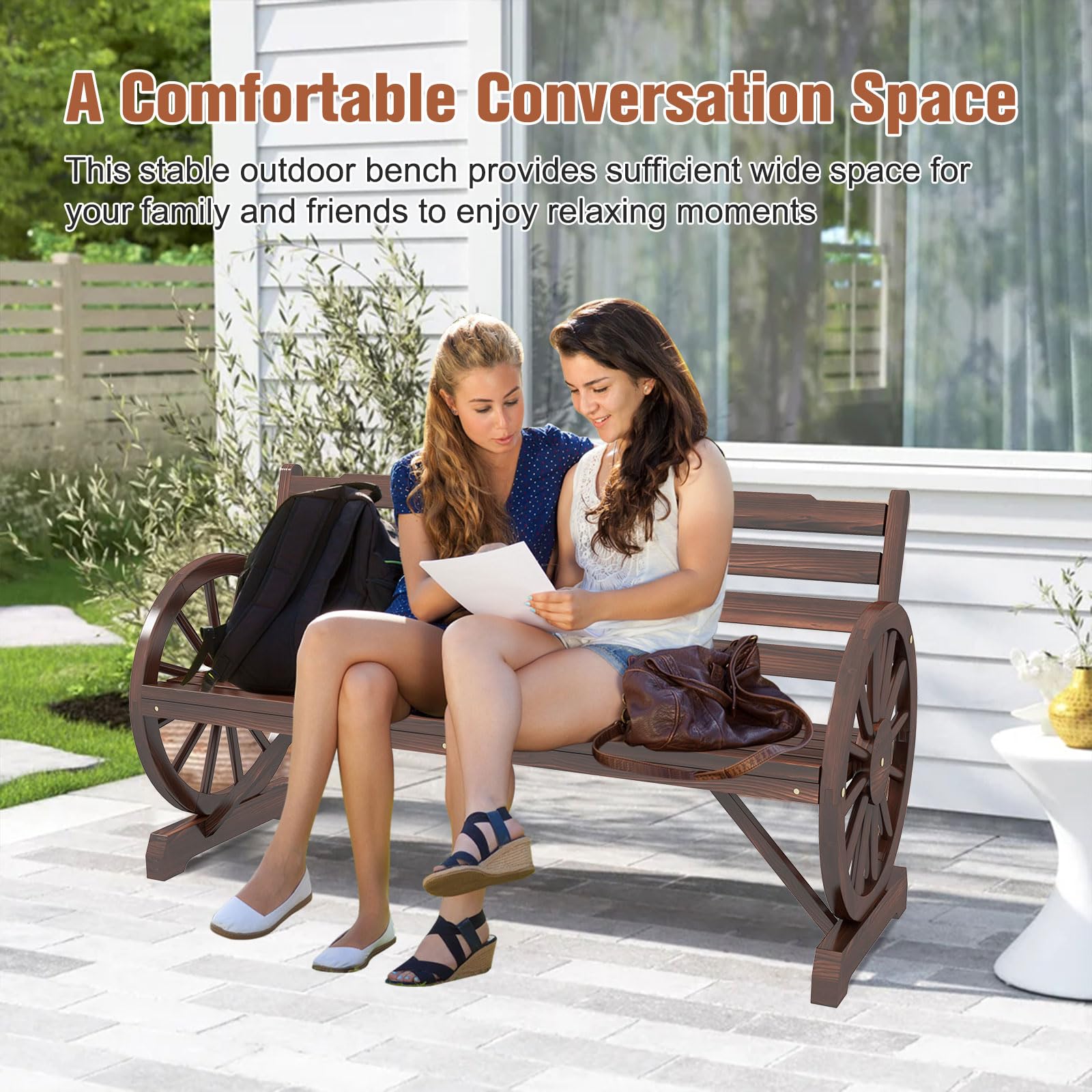 Outdoor Wooden Wagon Bench with Wheel Armrest