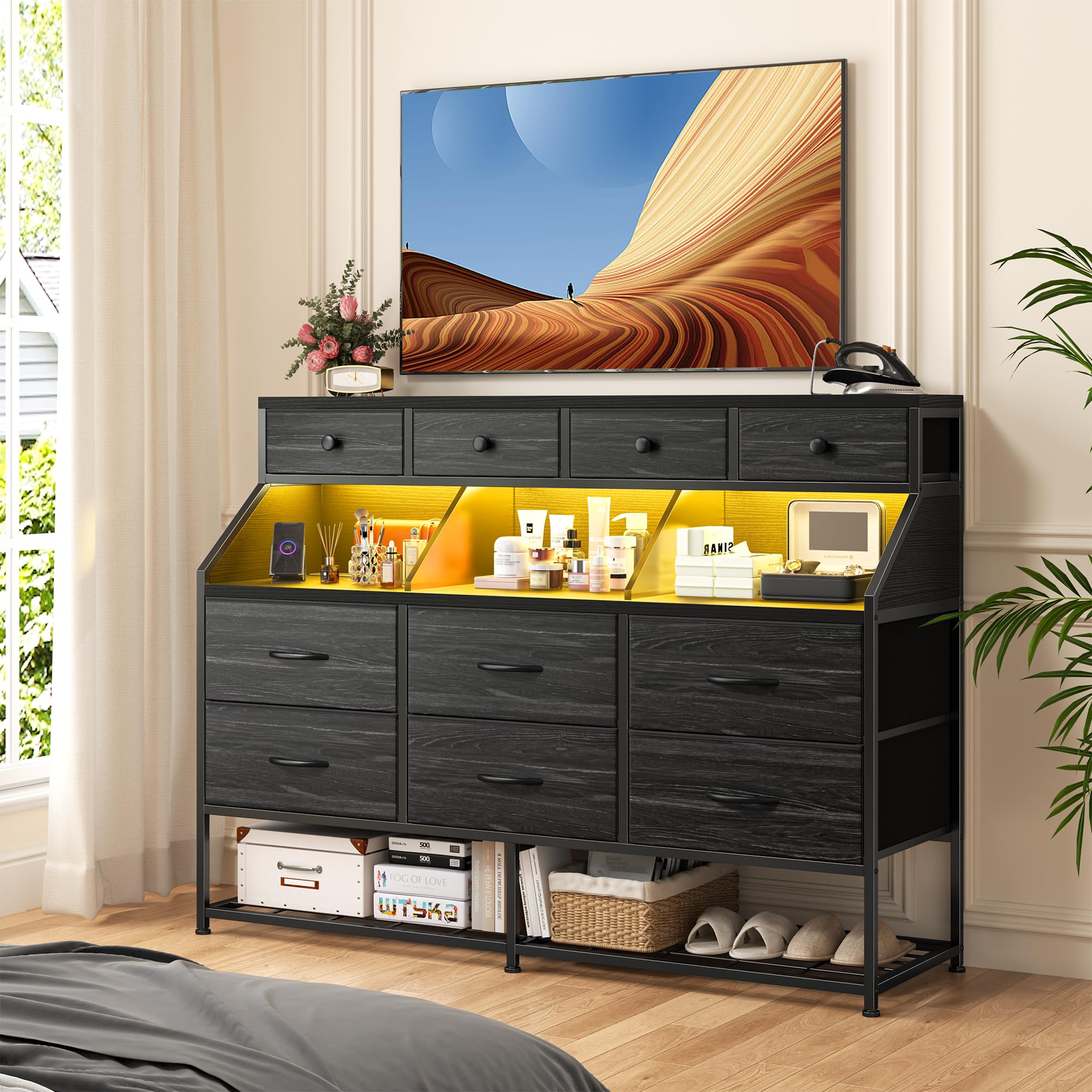 EnHomee Dresser for Bedroom with 10 Drawers & Shoe Rack Fabric Dressers & Chests of Drawers with LED Lights and Power Outlets Bedroom Dresser for Entryway, Hallway(Charcoal Black)