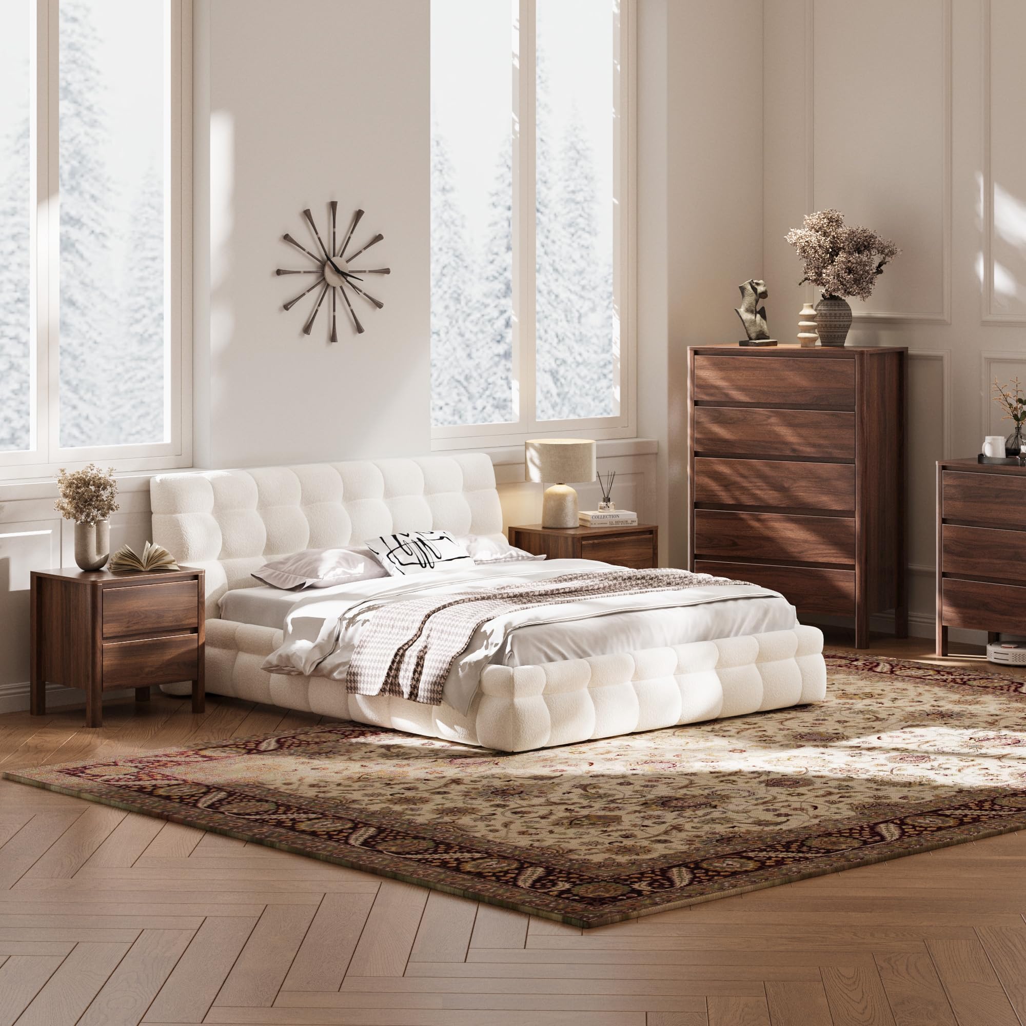 MAISONARIA Walnut 3-Piece Dresser Bedroom Set, 6 Drawers Dresser & 2 Drawer Nightstands with Hidden Handles, Wood Chest of Drawers for Bedroom, Living Room, Entryway
