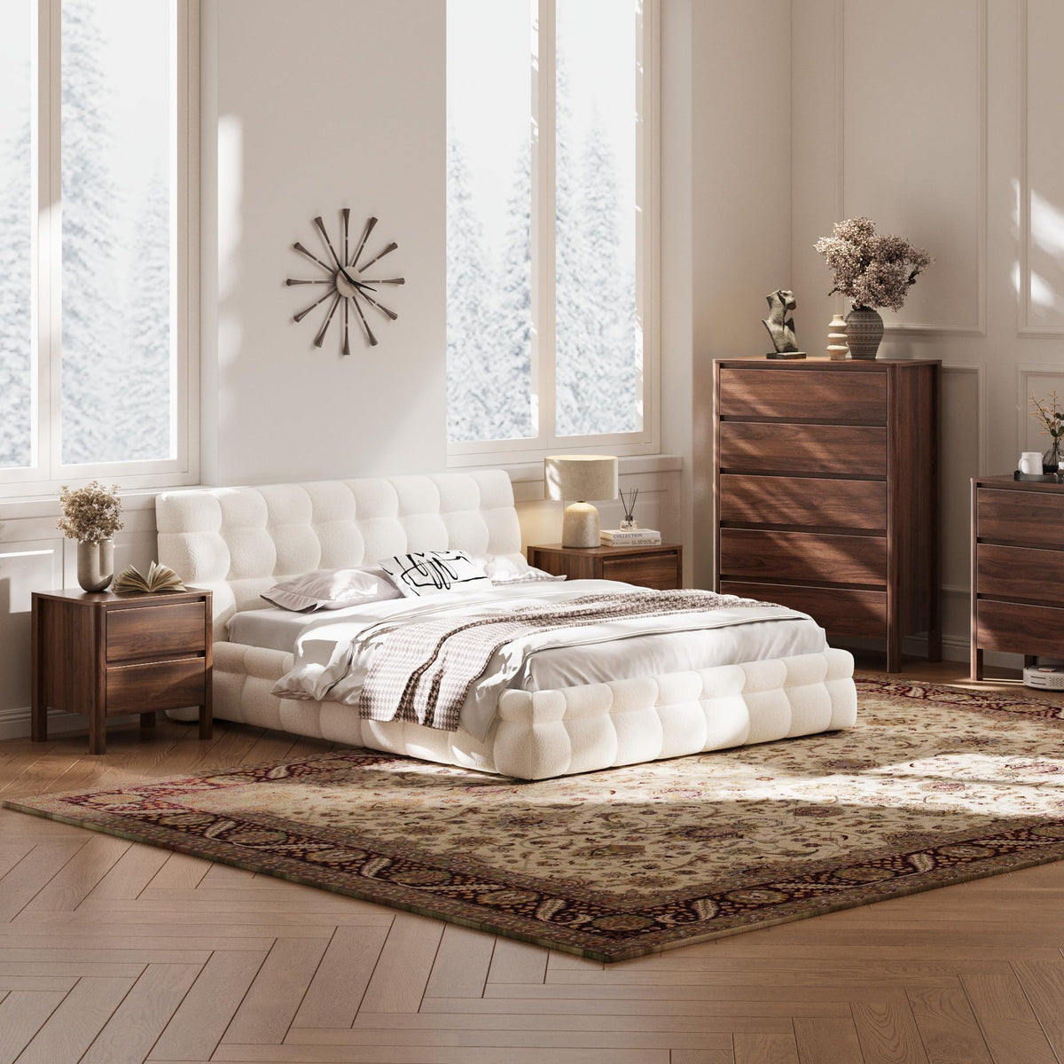 MAISONARIA Walnut Nightstands Set of 2, Mid Century Modern Bedside Table with Hidden Handles and Wood Legs, Wooden End Table with 2 Drawers for Bedroom