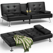 Faux Leather Futon Sofa Bed with Adjustable Backrest & Cup Holders