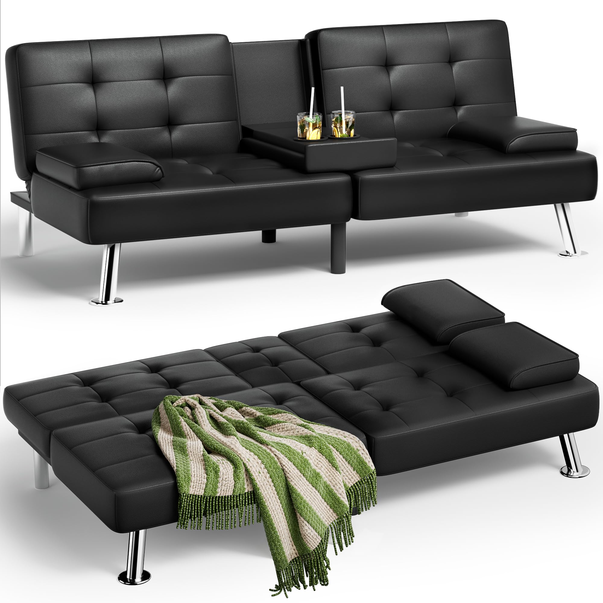 Faux Leather Futon Sofa Bed with Adjustable Backrest & Cup Holders