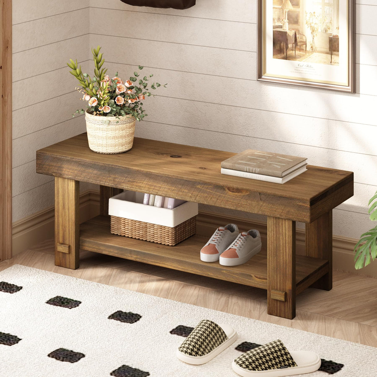 HOKYHOKY Solid Wood Entryway Bench - 42.6" Farmhouse Long Narrow Benches