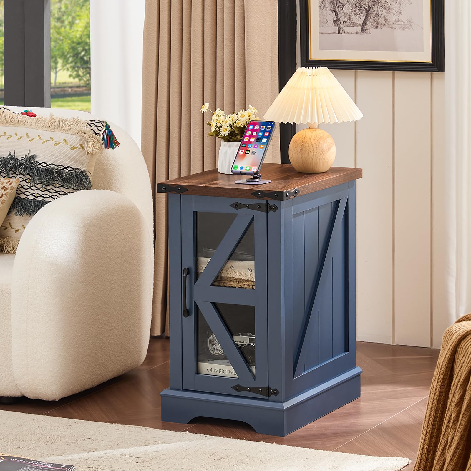 Joaxswe Farmhouse Coffee Table Set of 3, Narrow NightStands with Glass Barn Door Storage, Large Coffee Tables with Hidden Storage Organizer, Furniture Sets for Office, Living Room, Blue
